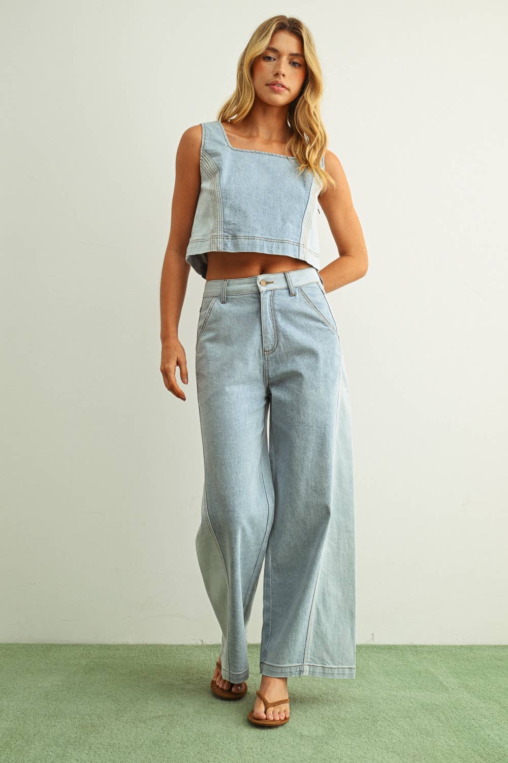 Denim Color Blocked Top: