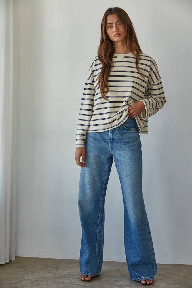 Striped Crew Pullover: Navy