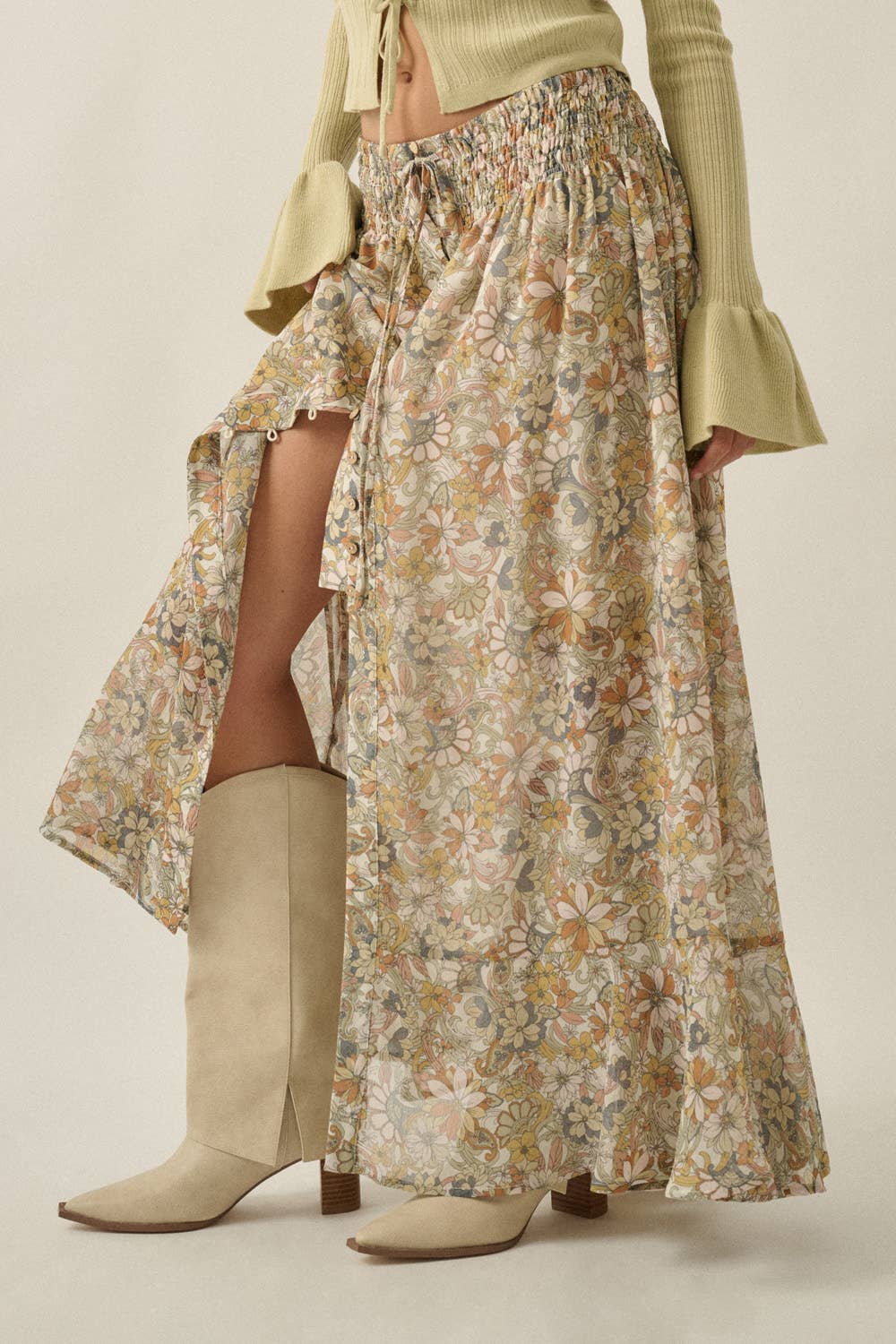 Floral Chiffon Maxi Skirt: Cream