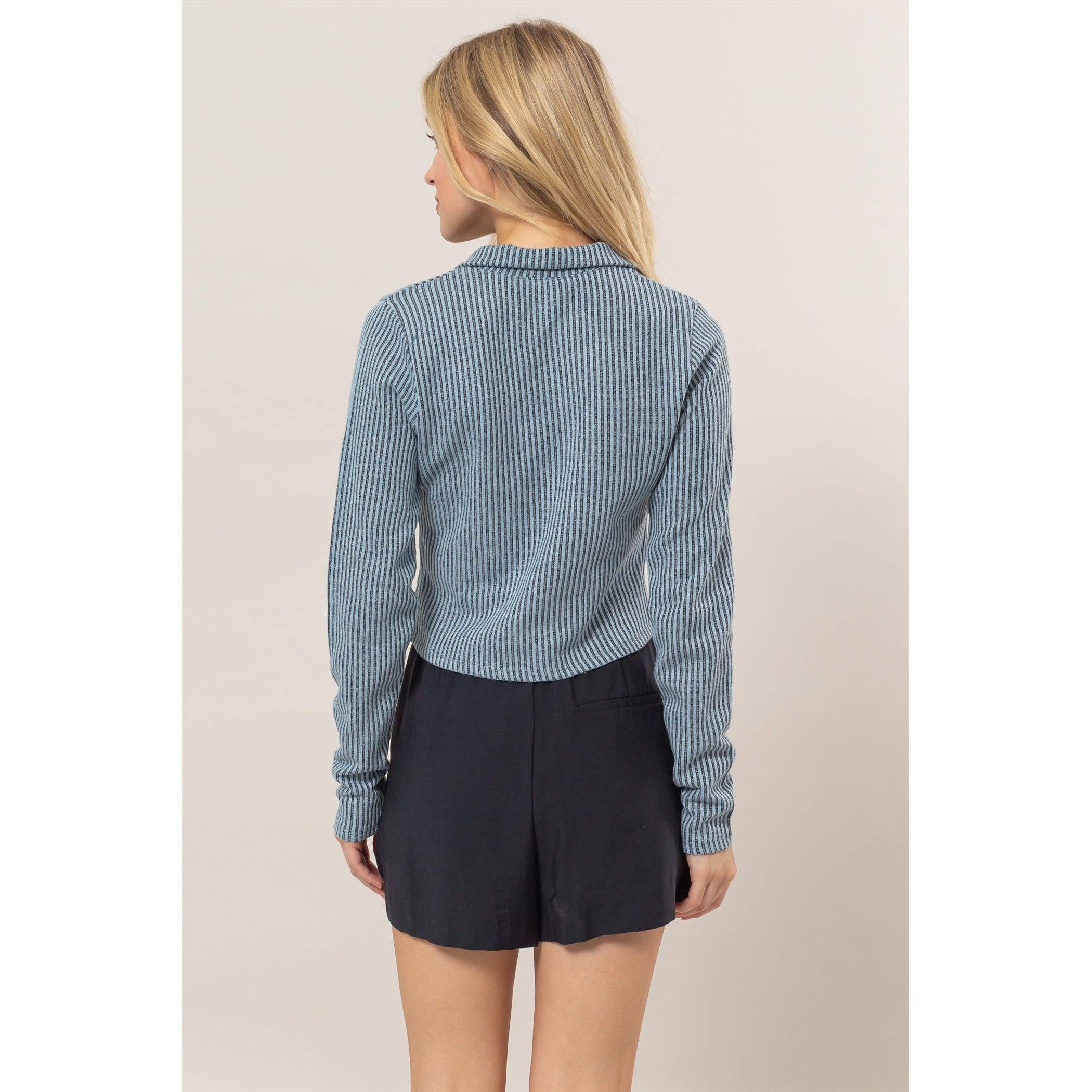 Striped Zip-Up Knit Top: Light Blue