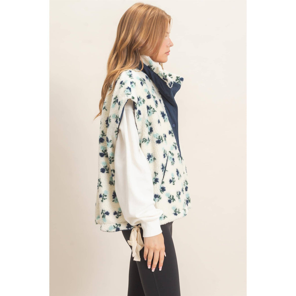 Floral Sherpa Corduroy Vest: Blue