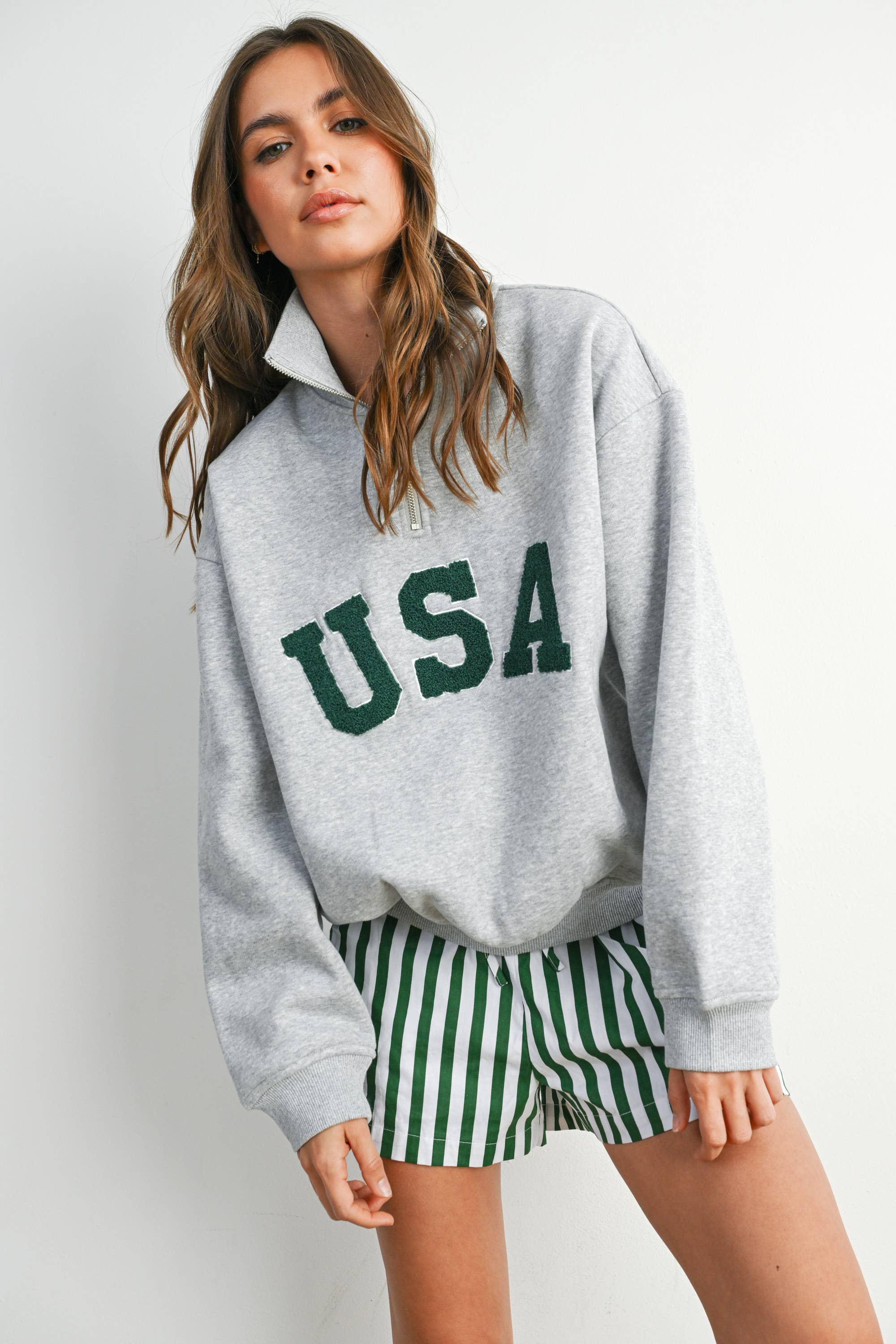 USA Quarter Zip Top: Grey