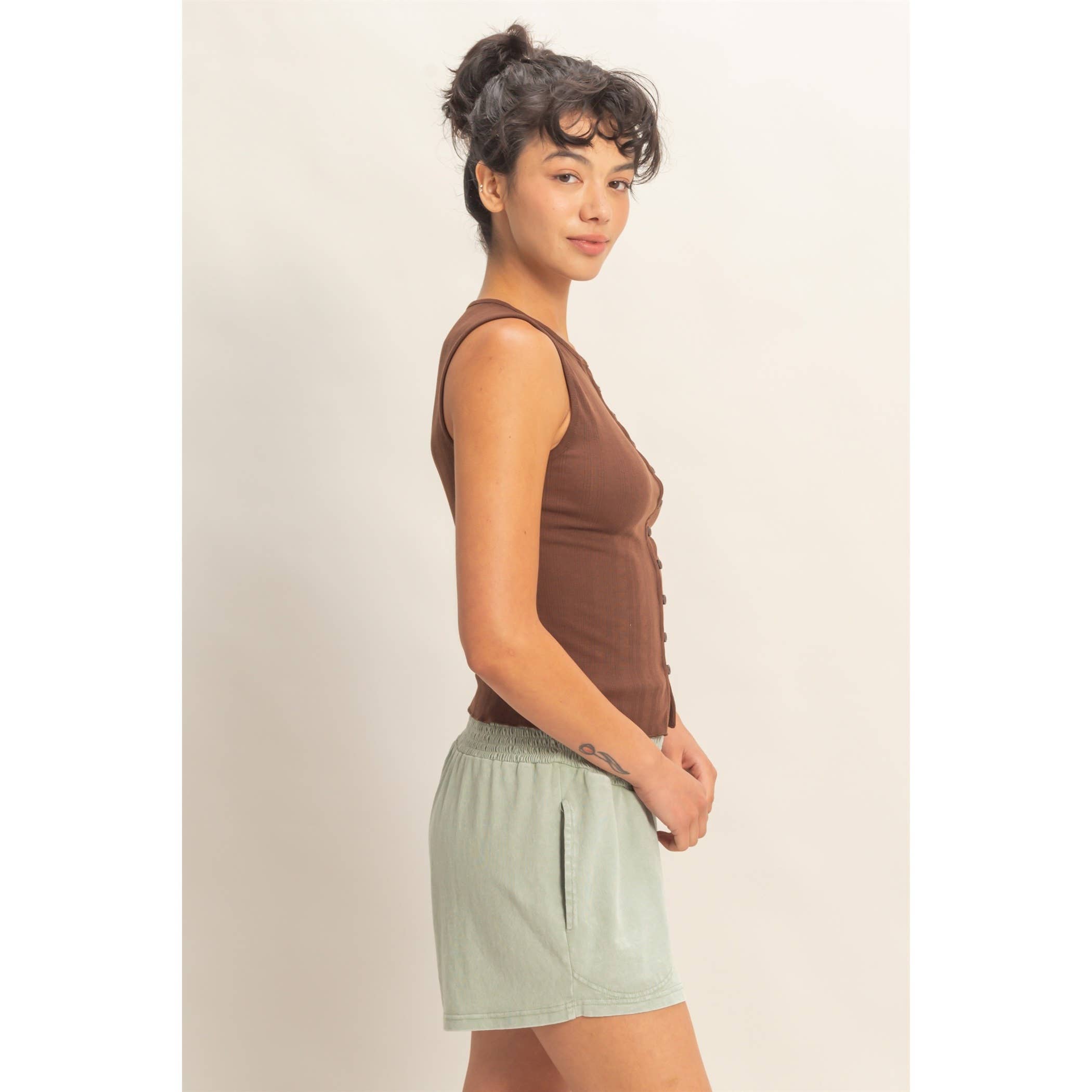 Pointelle Button Front Top: Chocolate