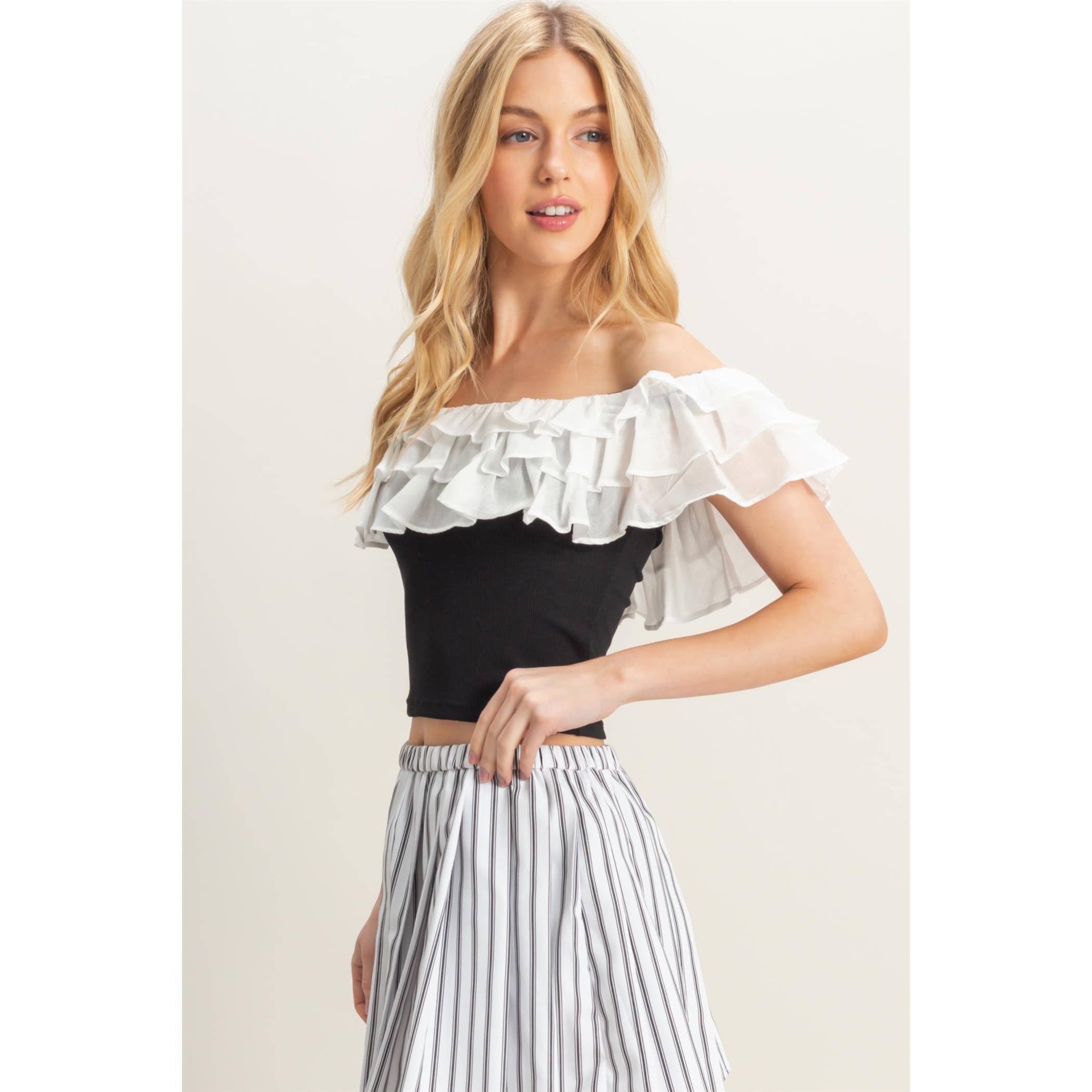 Off The Shoulder Ruffled Top:Black