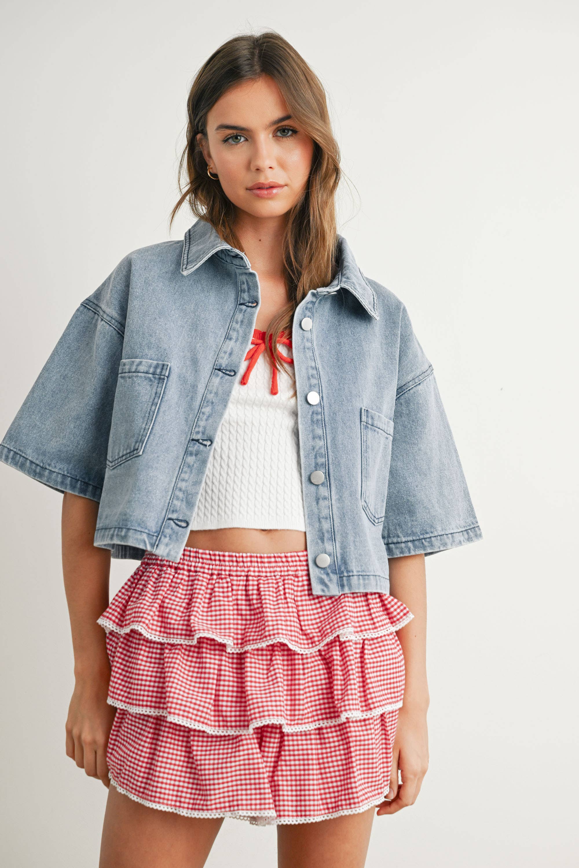 Button Cropped Denim Shirt: Lt. Denim