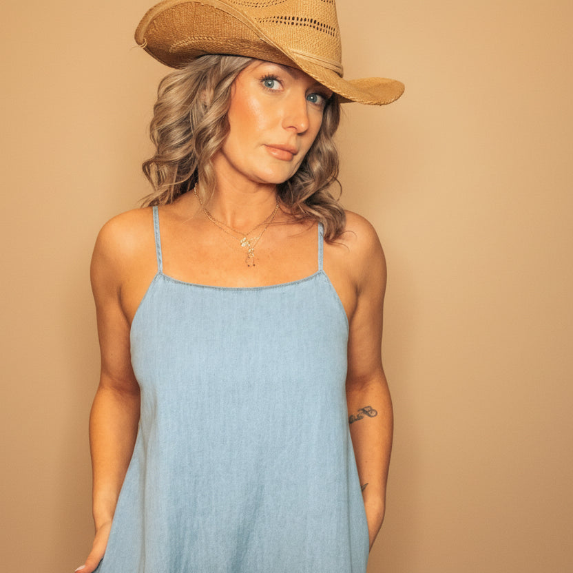 Denim Open Back Dress: Lt.Wash