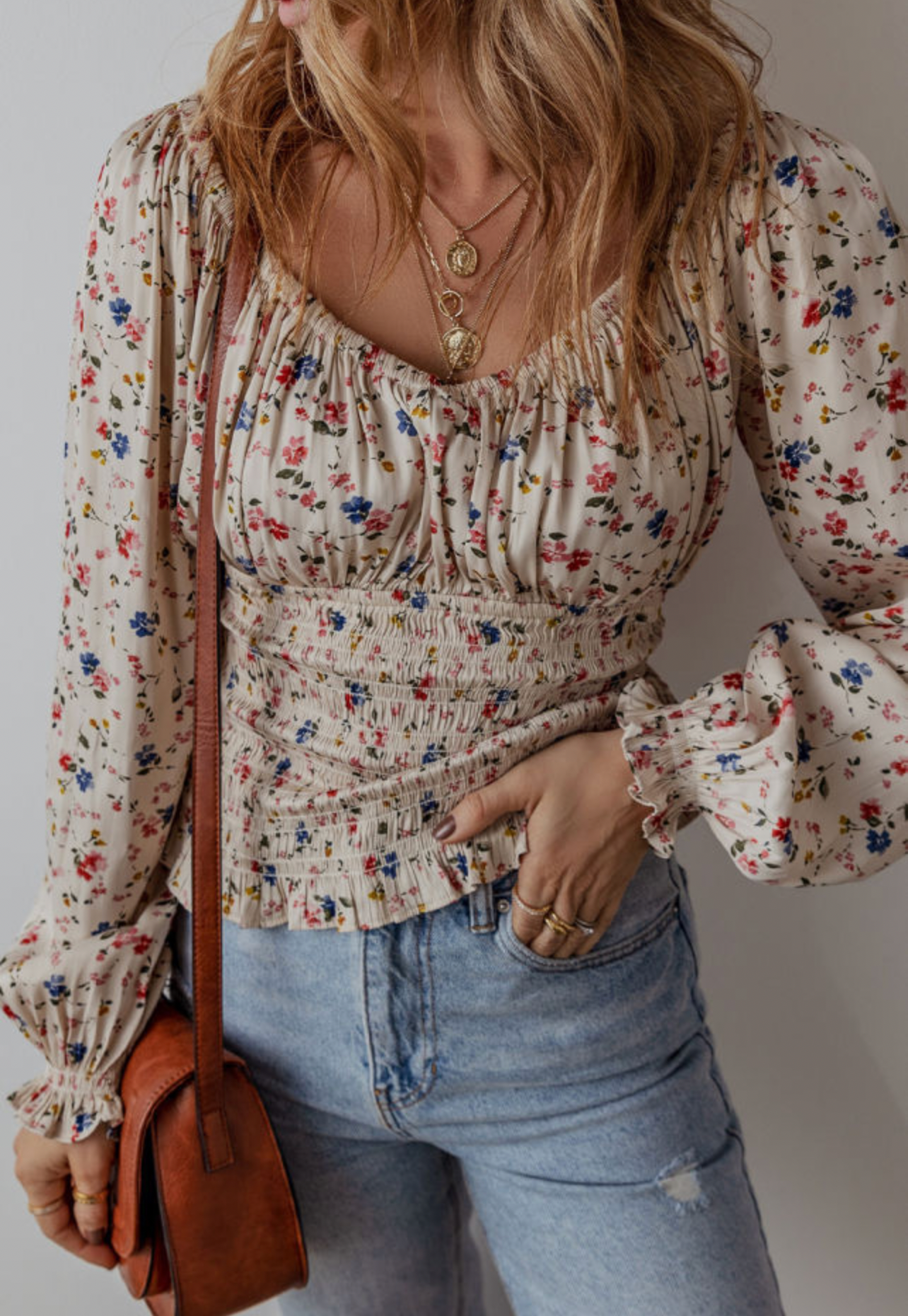Beige Boho Floral Blouse