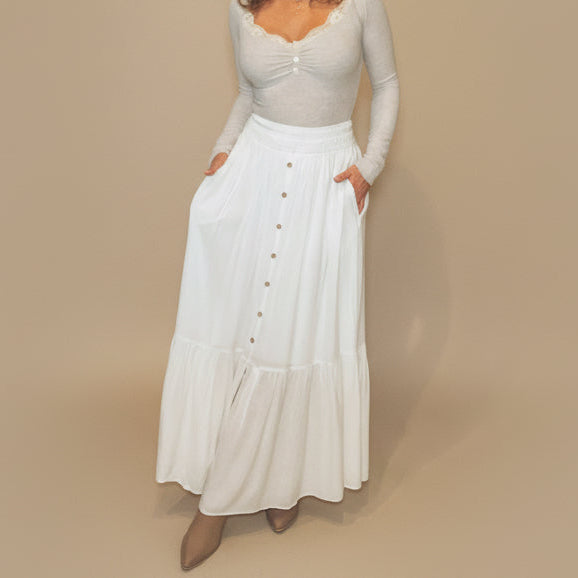 Ruffled Waist Maxi Skirt: Ivory