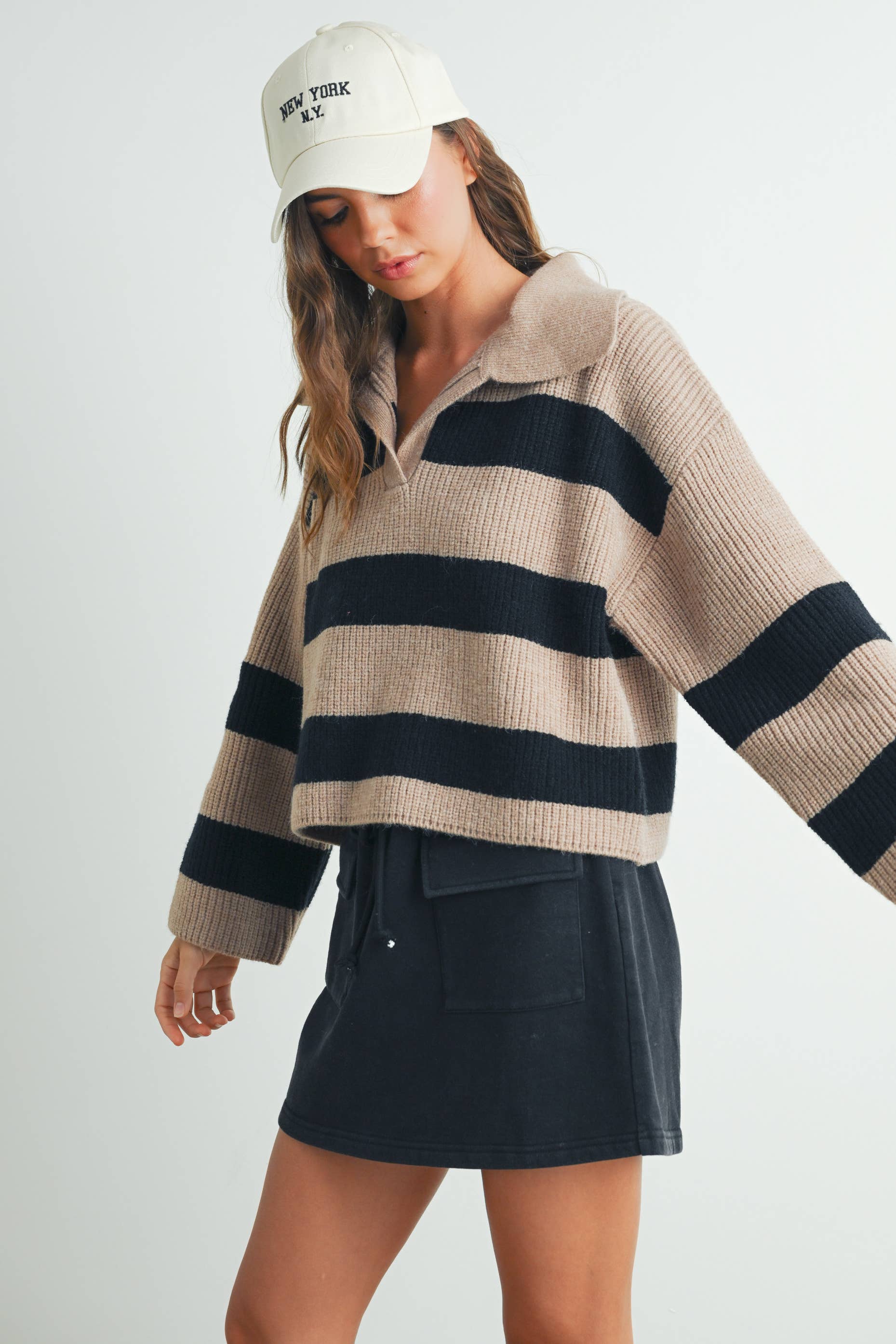 Stripe Wide Collar Sweater - Taupe/Black