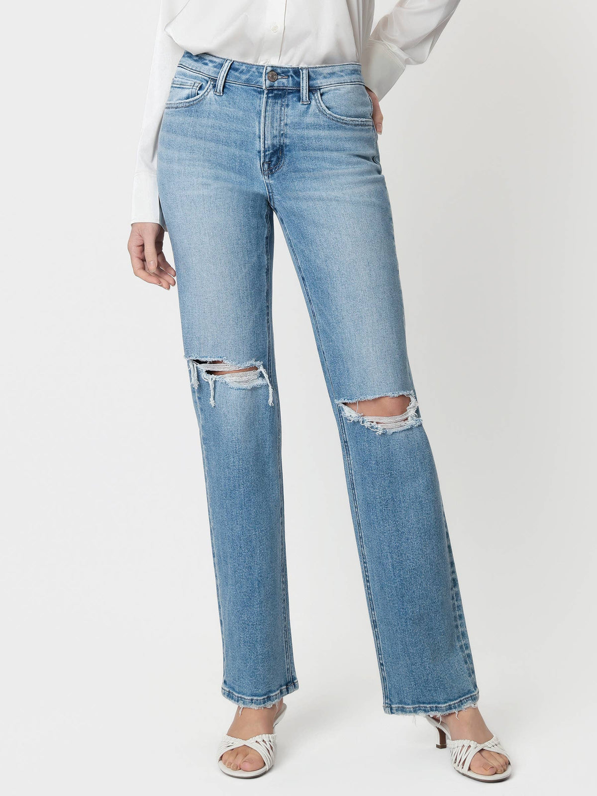 Light Distressed Slim Wide Leg Jeans