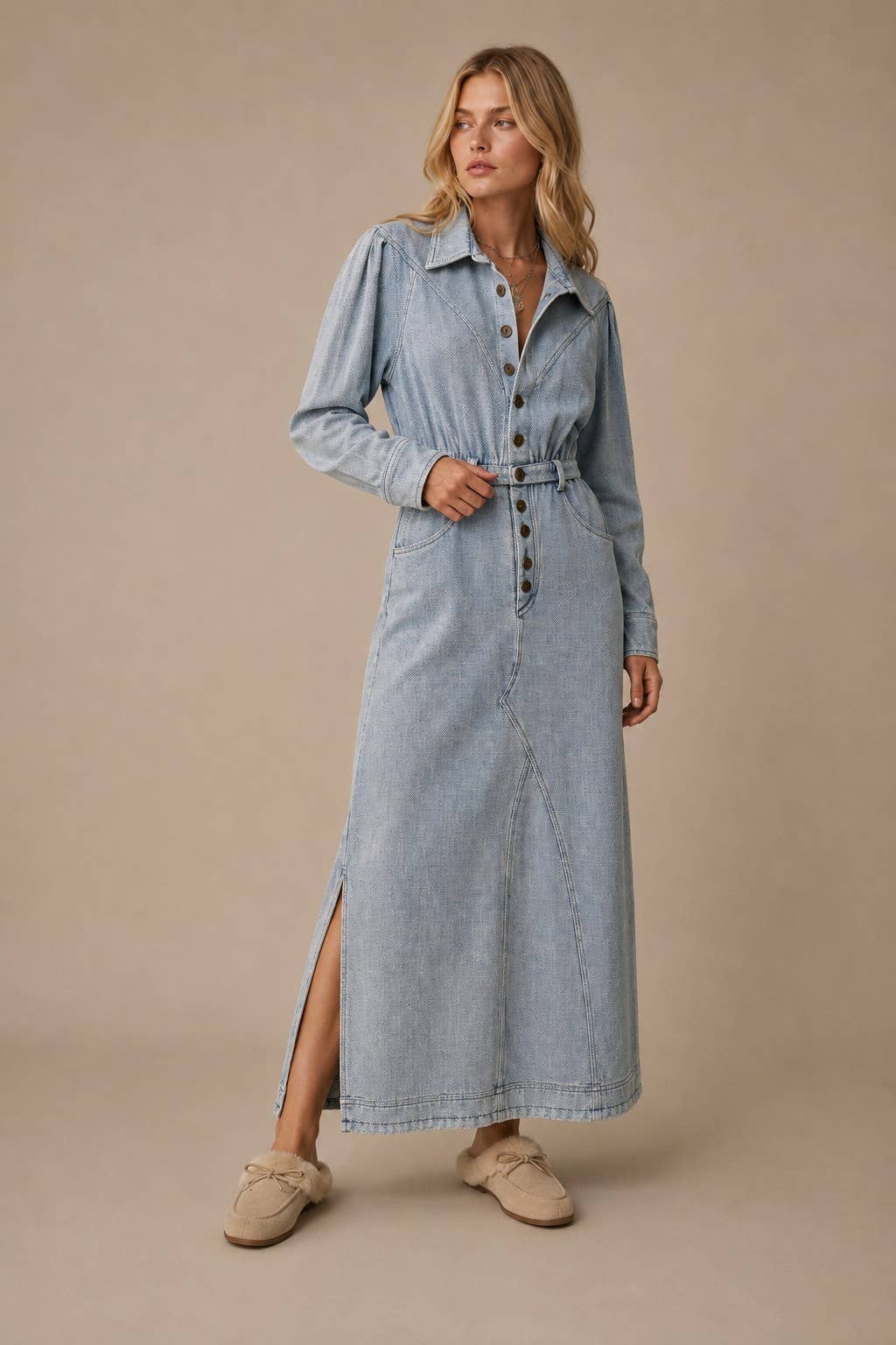 Vintage Denim Midi Shirt Dress: Dusty
