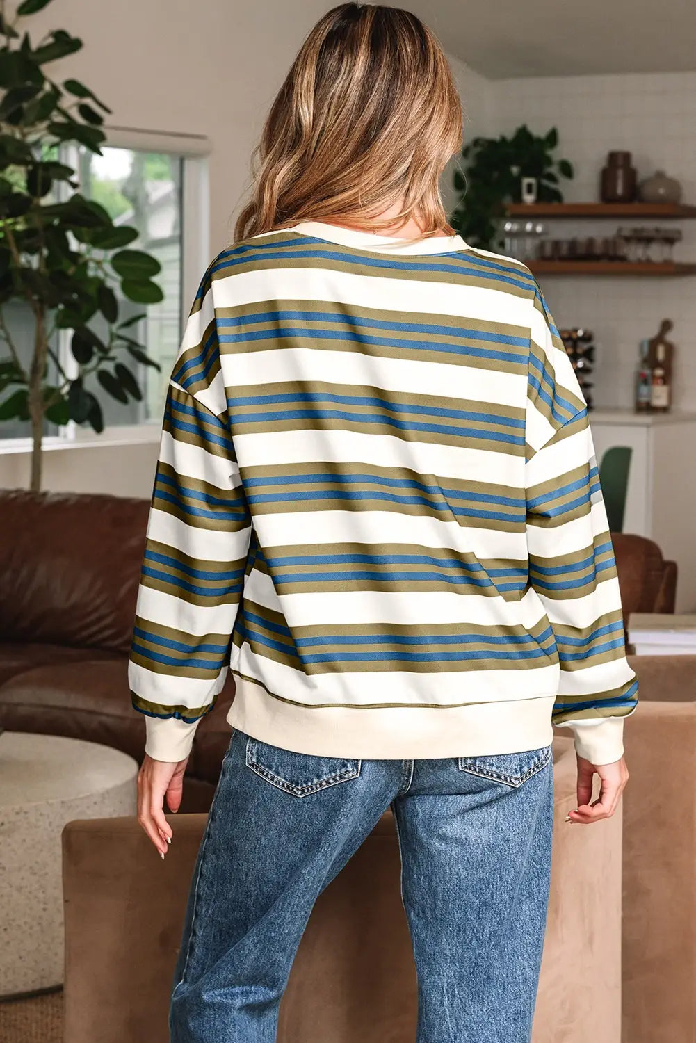 Khaki Stripe Crew Pullover: Khaki
