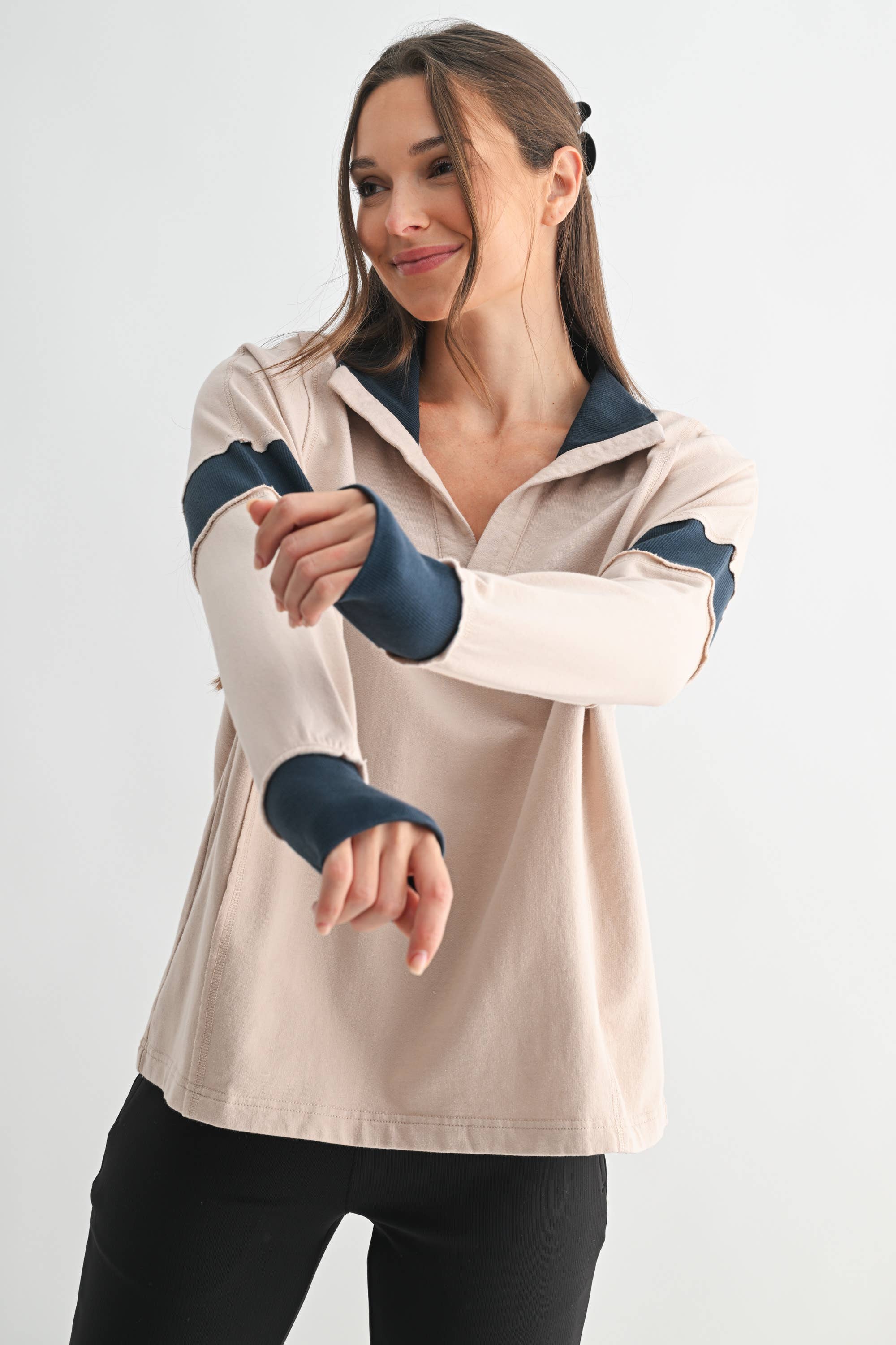 Crestline Collared Top: Mushroom