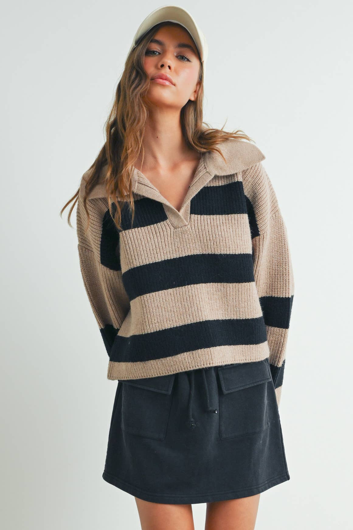 Stripe Wide Collar Sweater - Taupe/Black