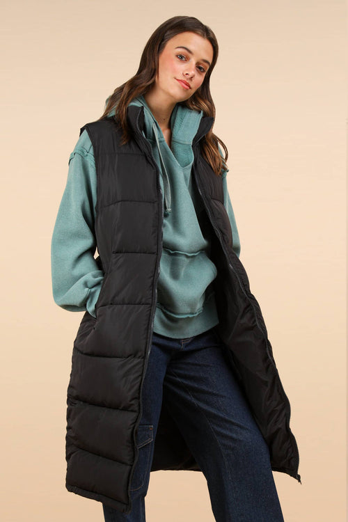 Long Puffer Vest with Pockets