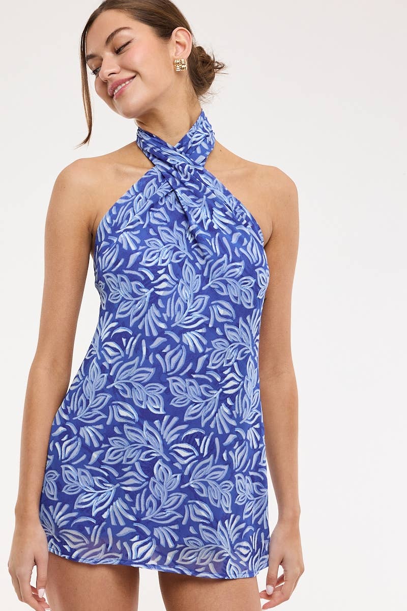 Blue Willow Leaf Mini Dress: