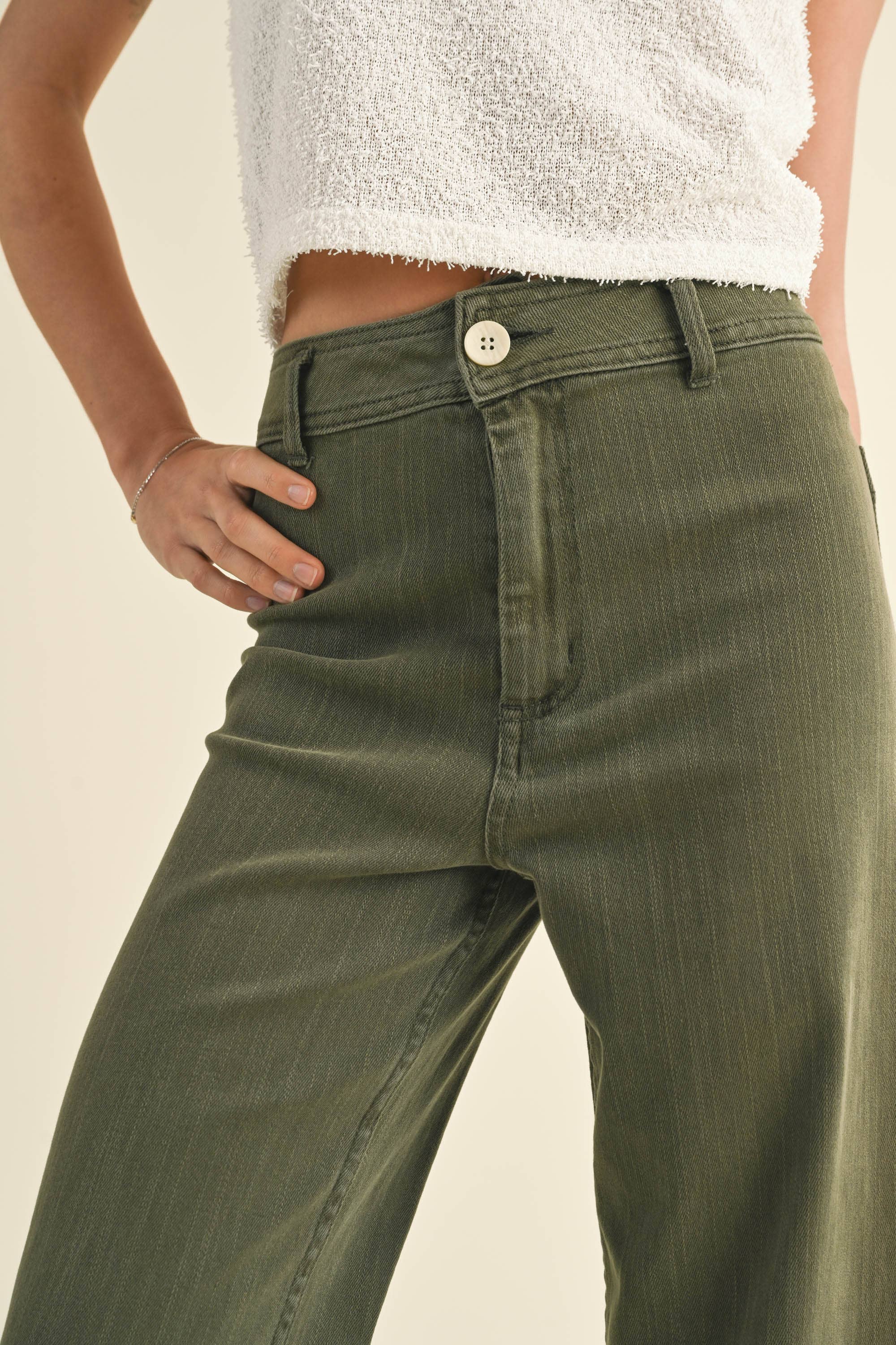 Wide Leg Denim Pants:Olive