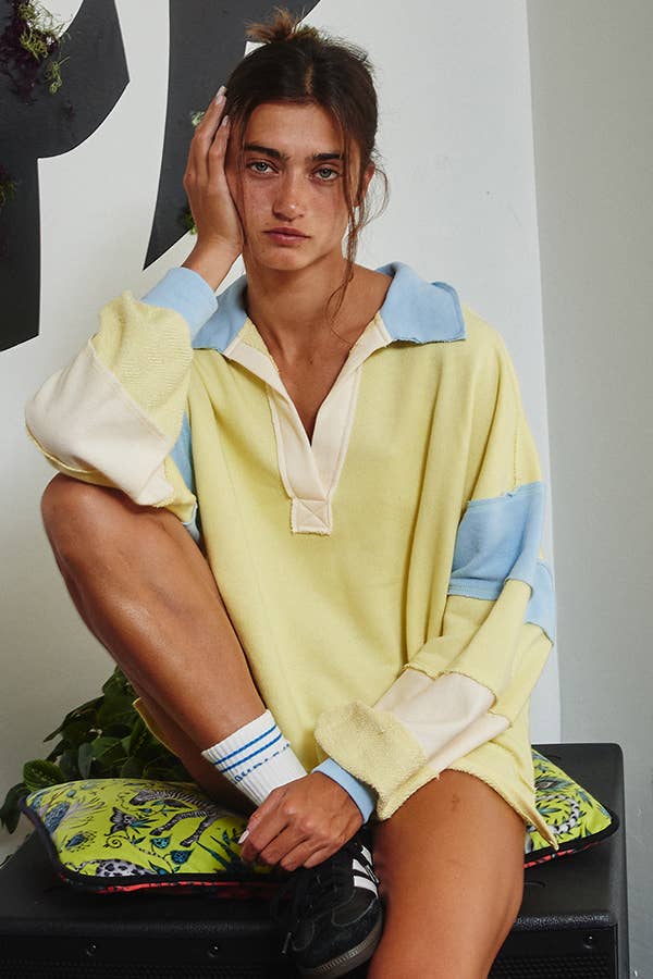 Color-block Collared Top: Yellow