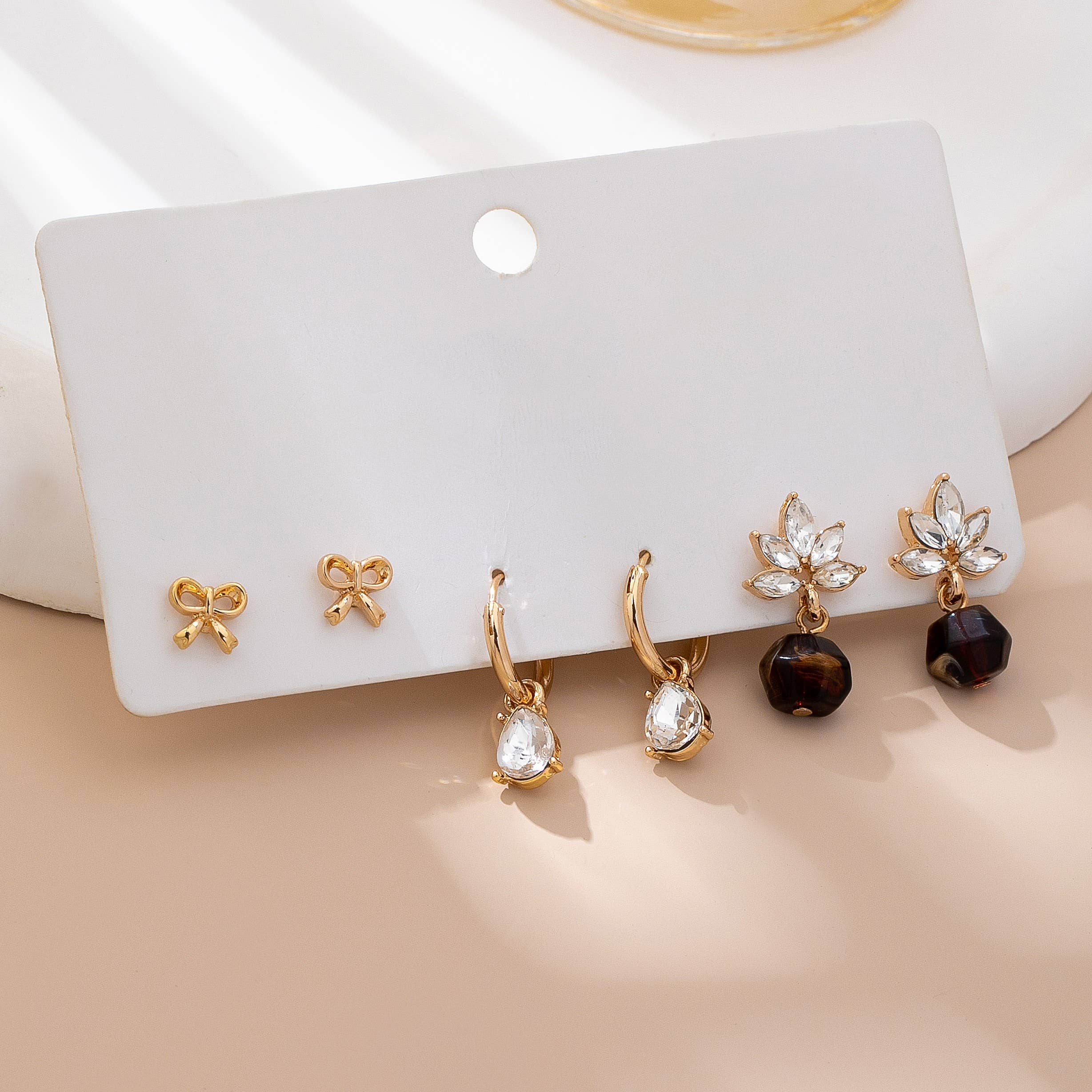 Trio Floral & Drop Earring Set: Gold