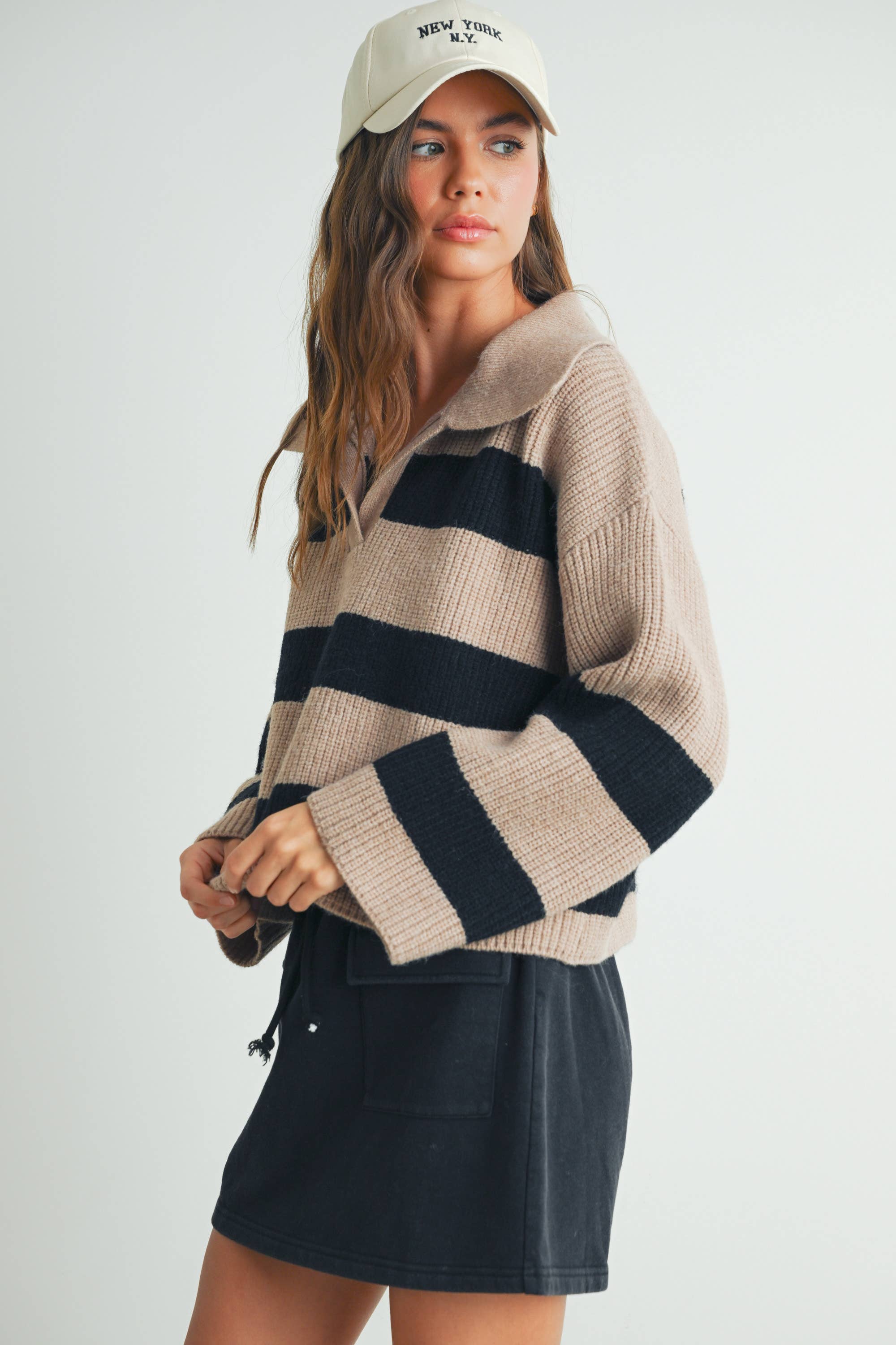 Stripe Wide Collar Sweater - Taupe/Black