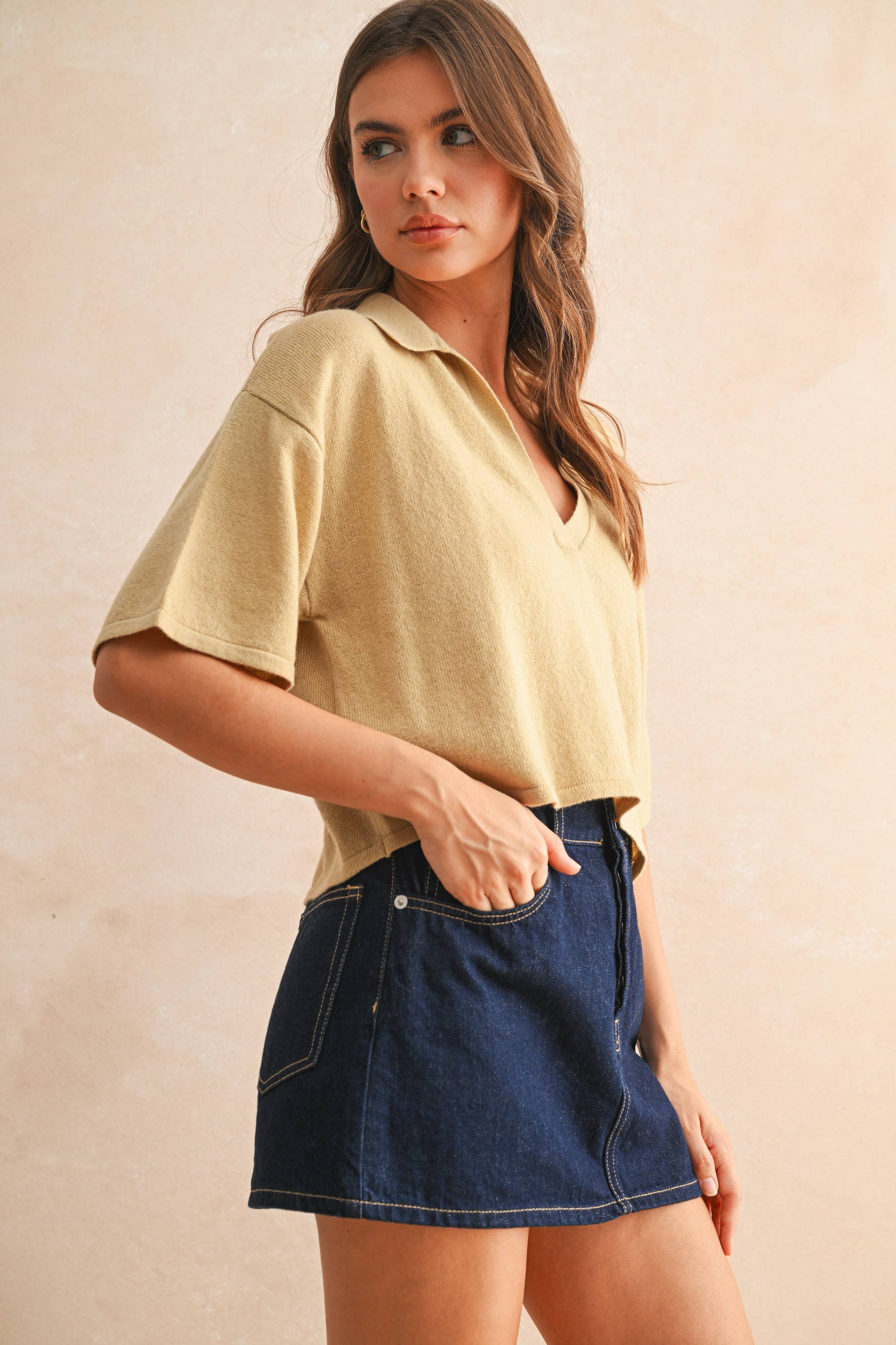 Crop Knit Polo Shirt: Charcoal