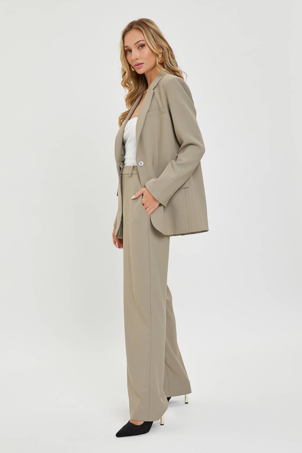 High Rise Trousers:Taupe/Grey