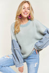 FRAYED DENIM SLEEVE SWEATER Blue