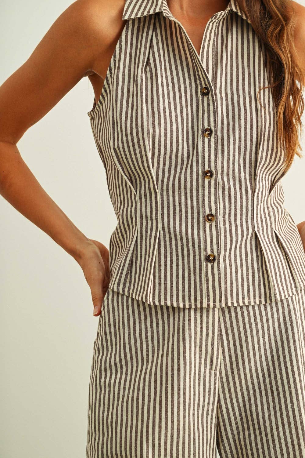 Striped Collard Blouse: Brown