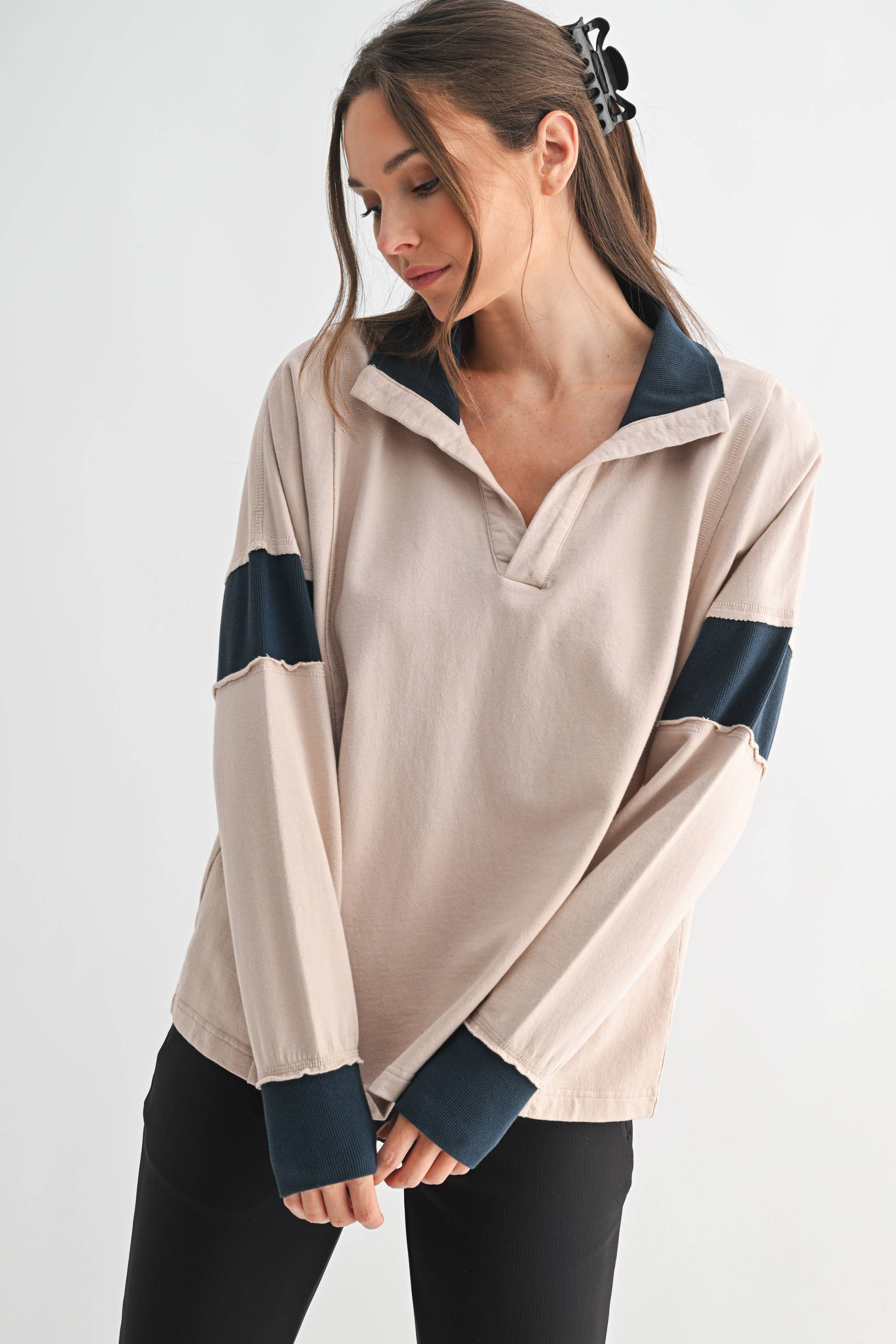 Crestline Collared Top: Mushroom