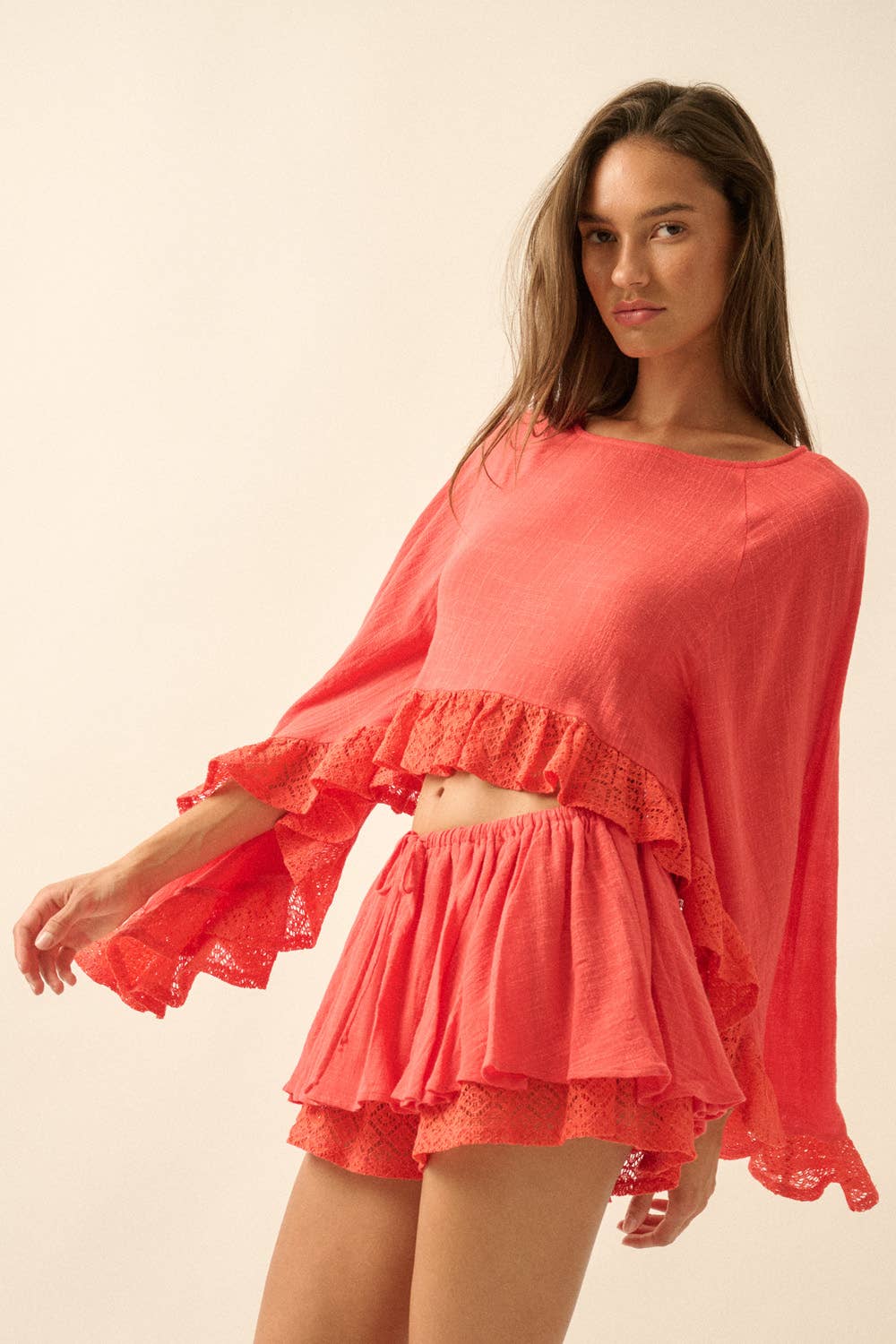 Crochet Lace Ruffle Top: Orange