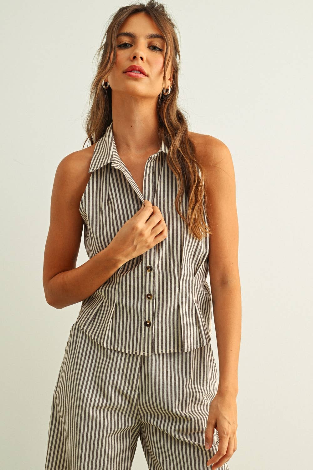 Striped Collard Blouse: Brown