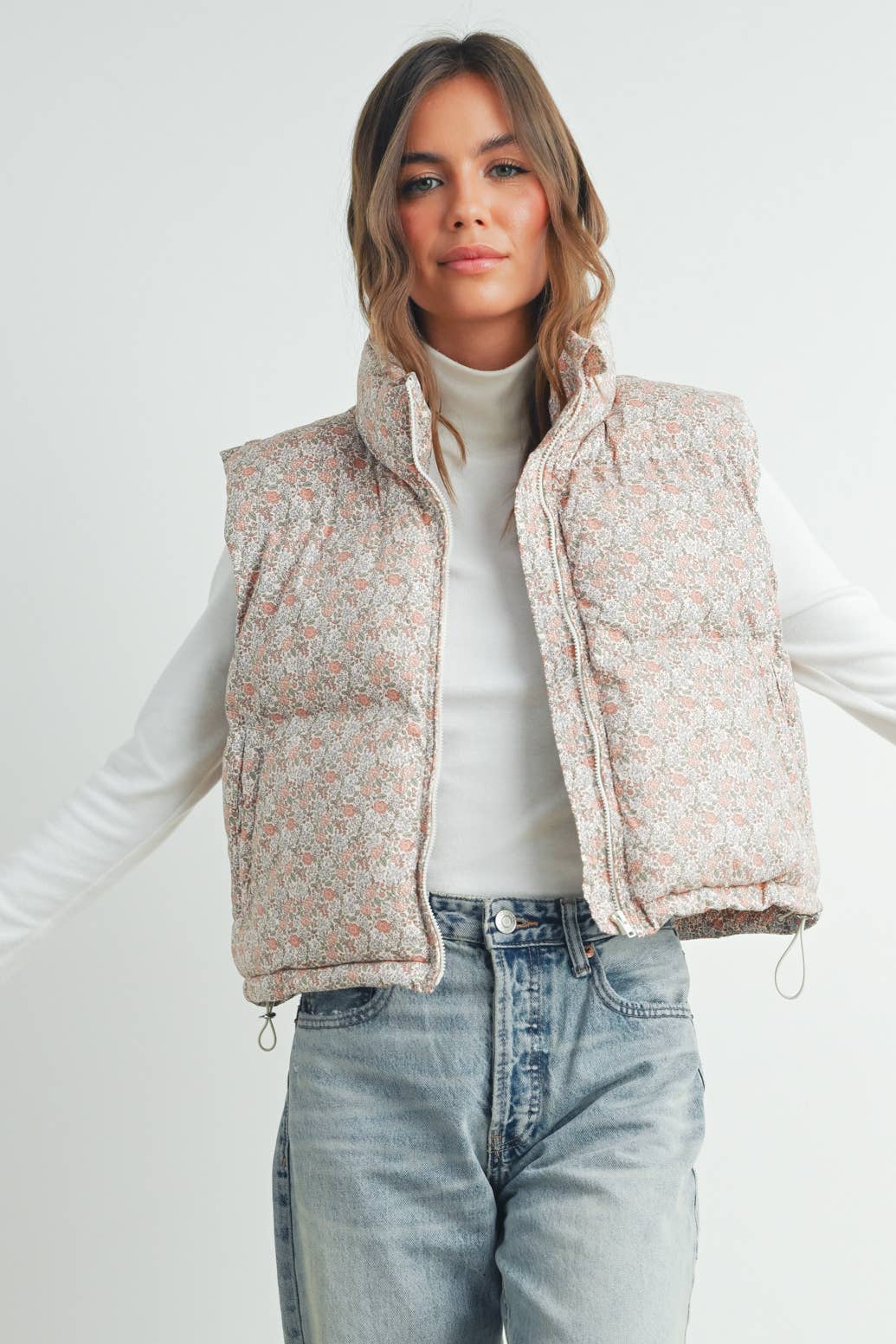 Floral Puffer Vest:Blush