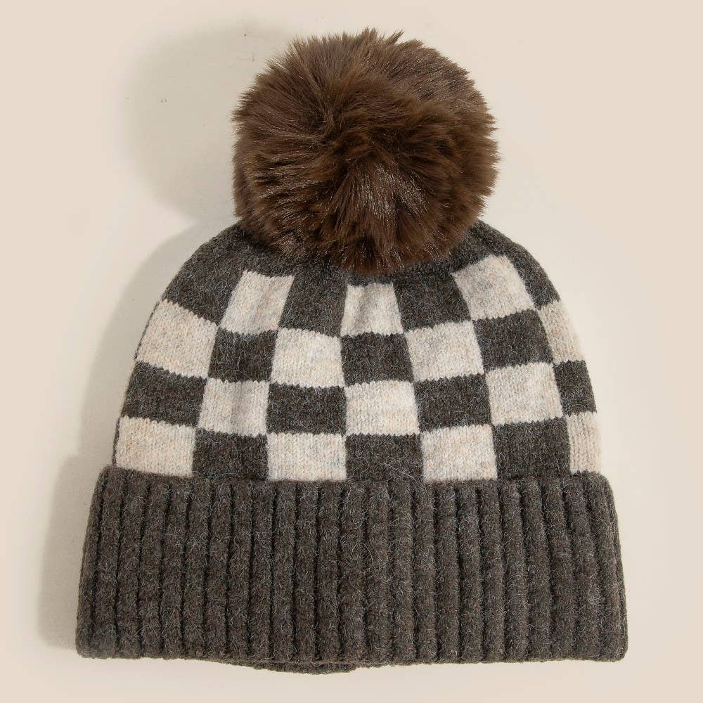 Checkered Pom Beanie Brown
