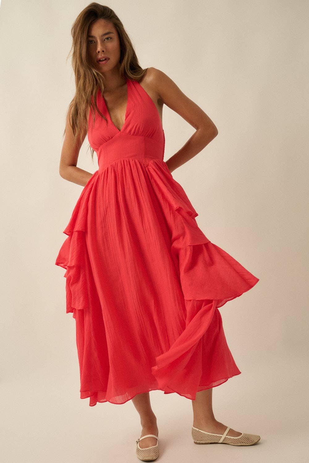 Ruffle Halter Maxi Dress: Cherry Tomato