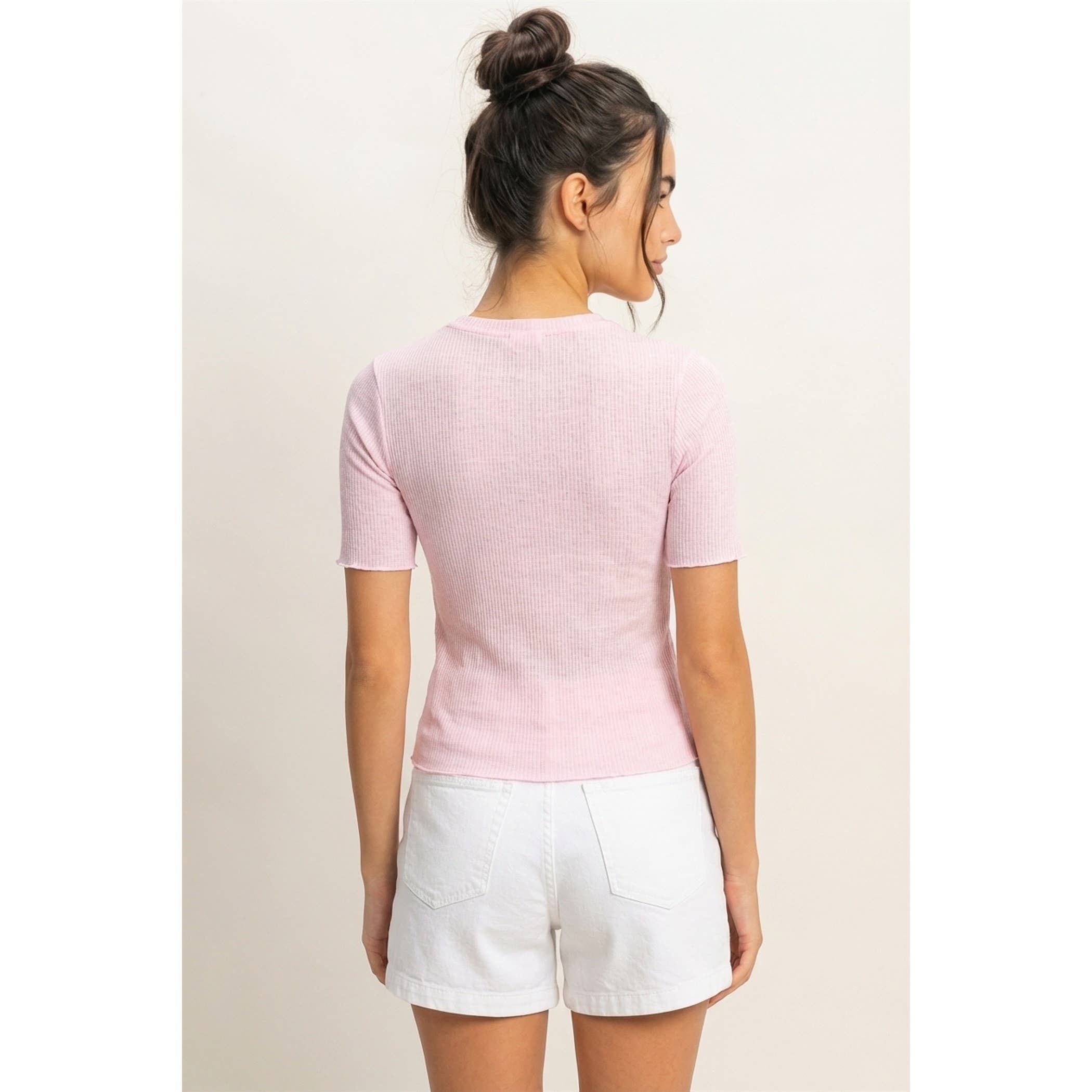 Ribbed Short Sleeve Top: Pink