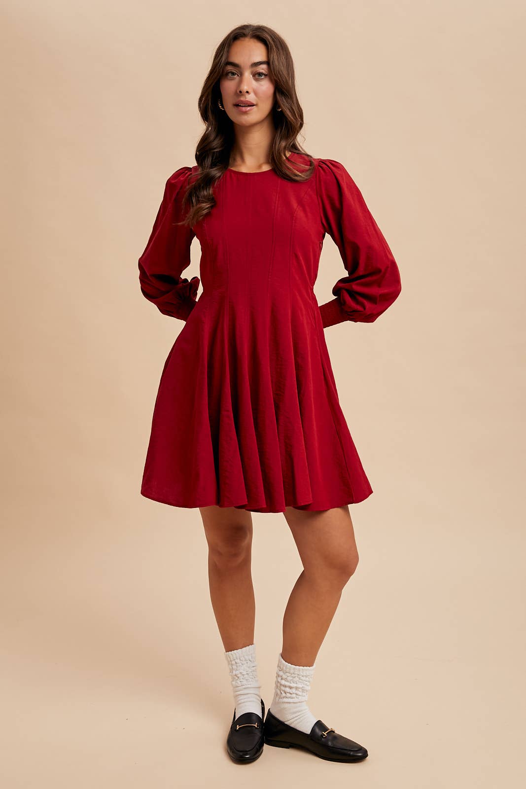 Fit & Flare Mini Dress:Cherry Merlot