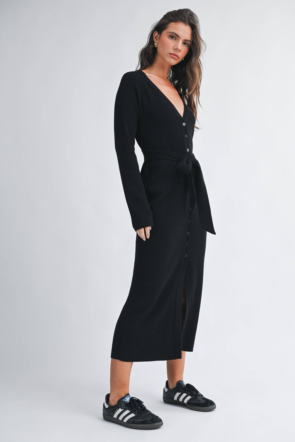 Ribbed Button Midi Dress: Black