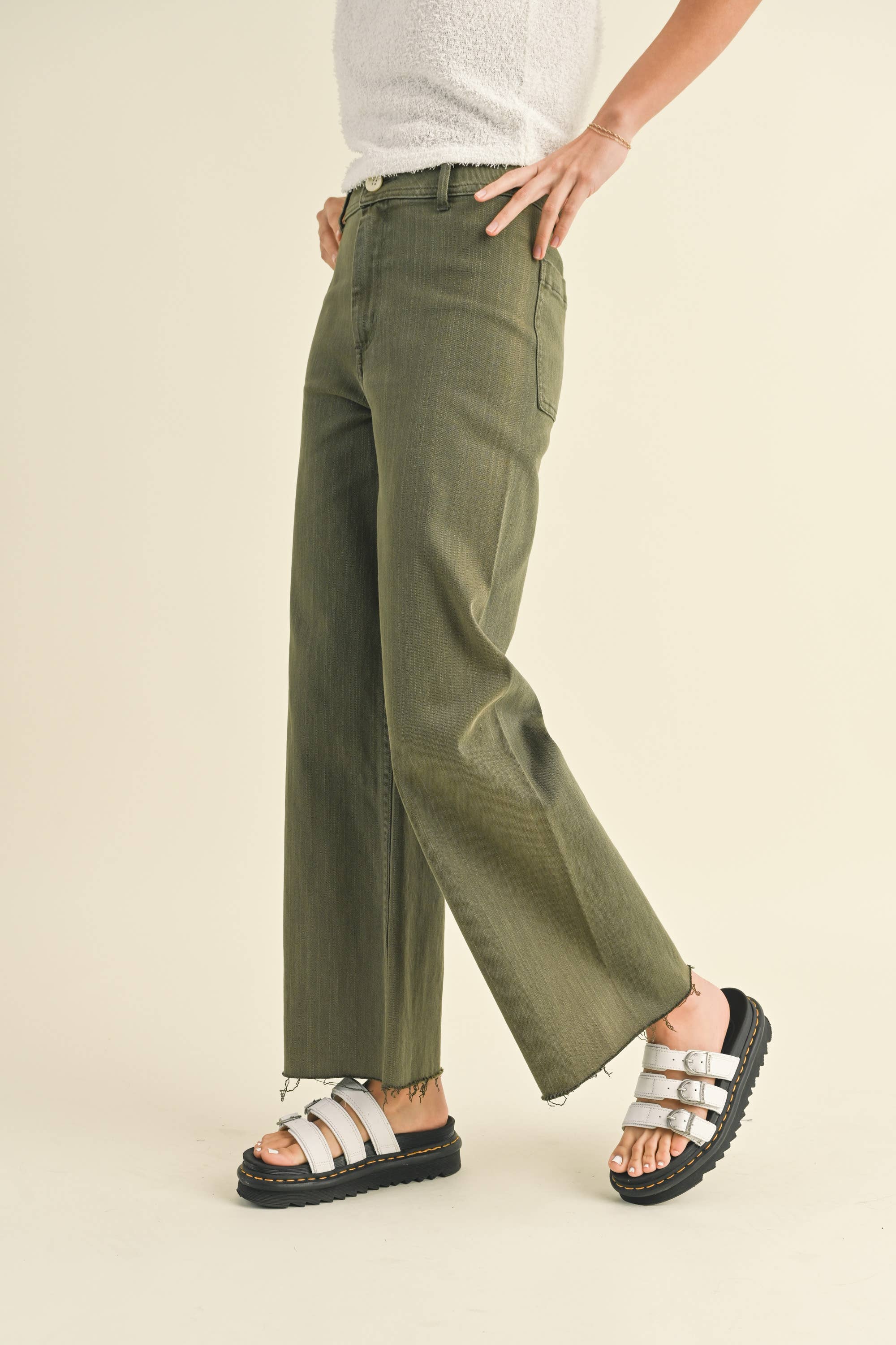 Wide Leg Denim Pants:Olive