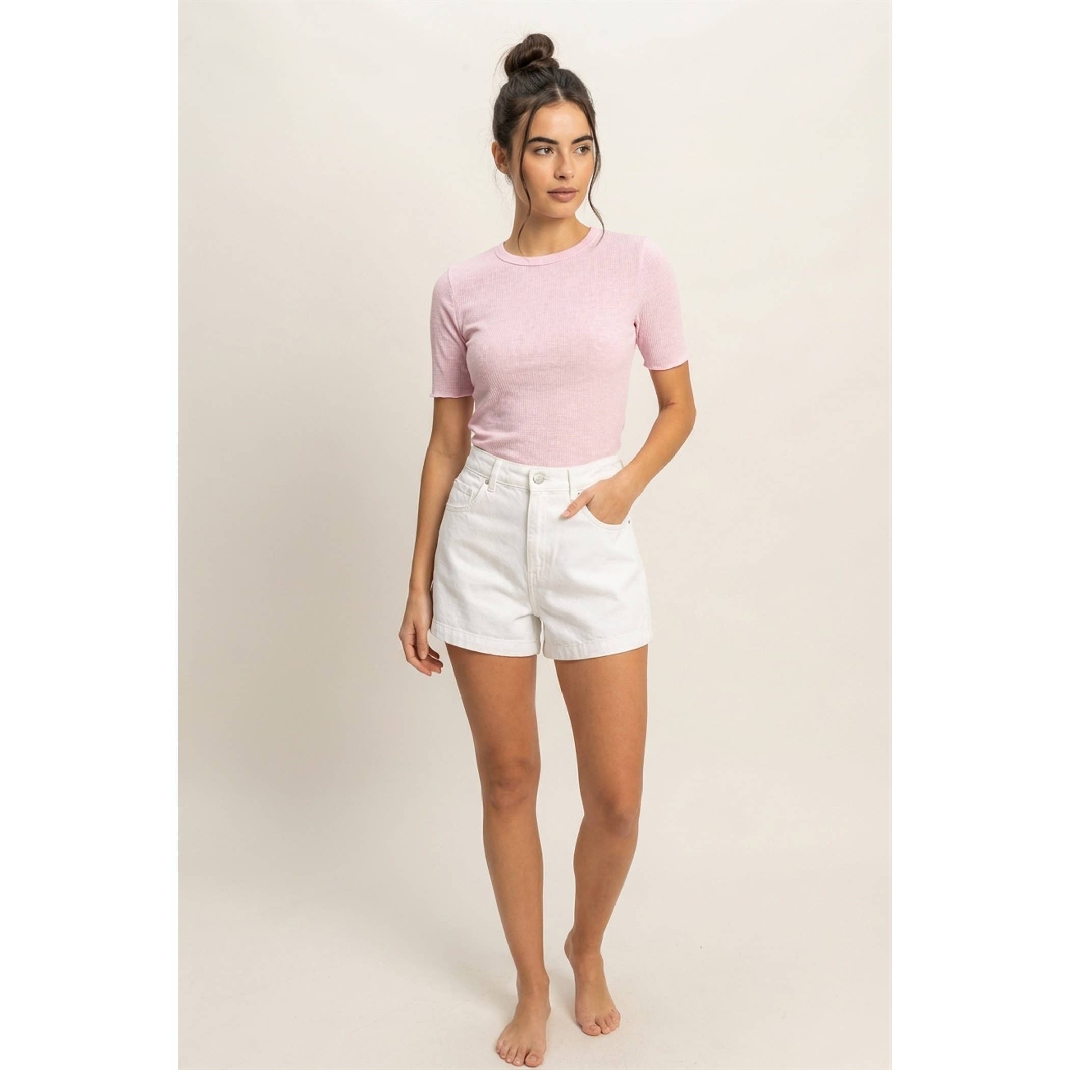 Ribbed Short Sleeve Top: Pink