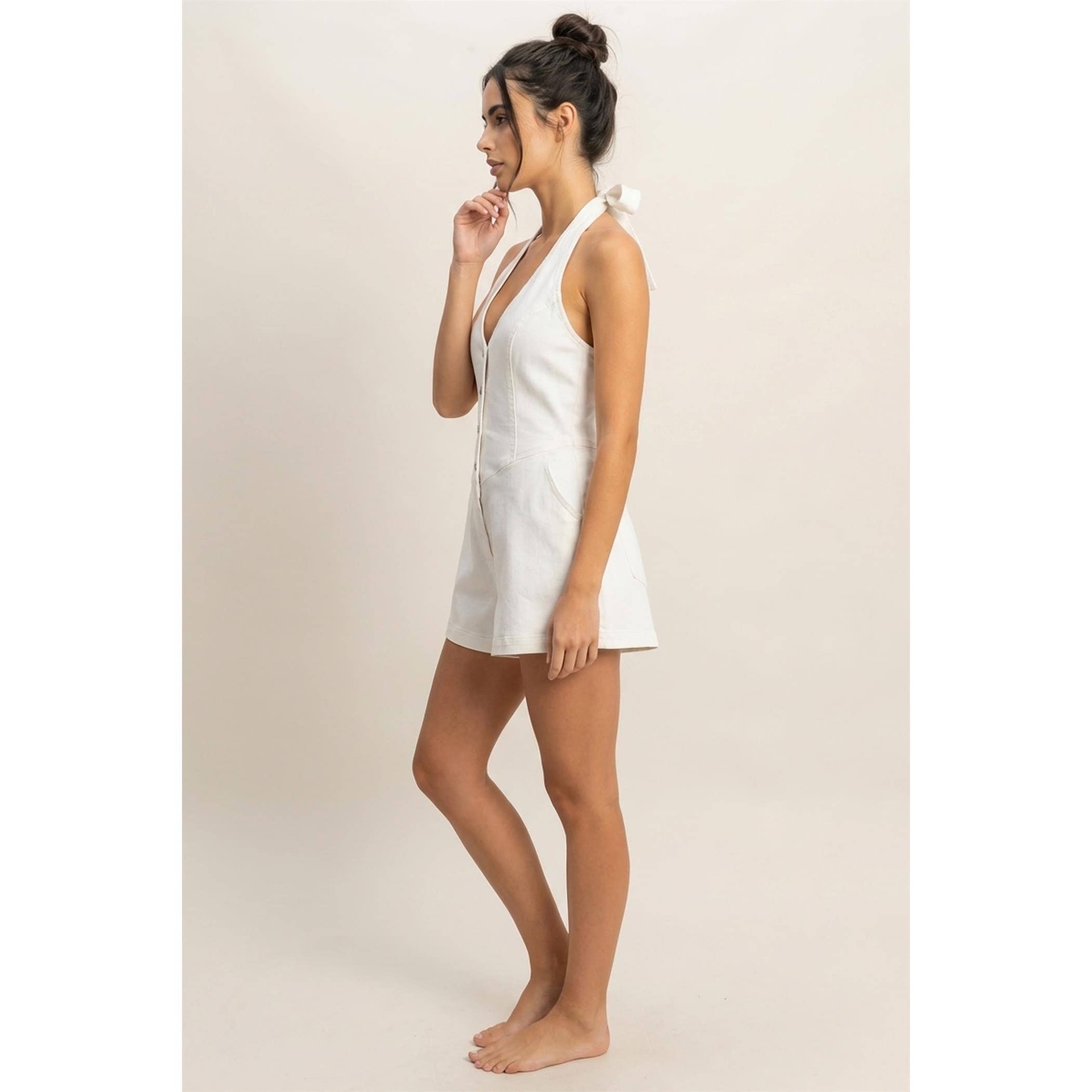 Denim Halter Romper: White
