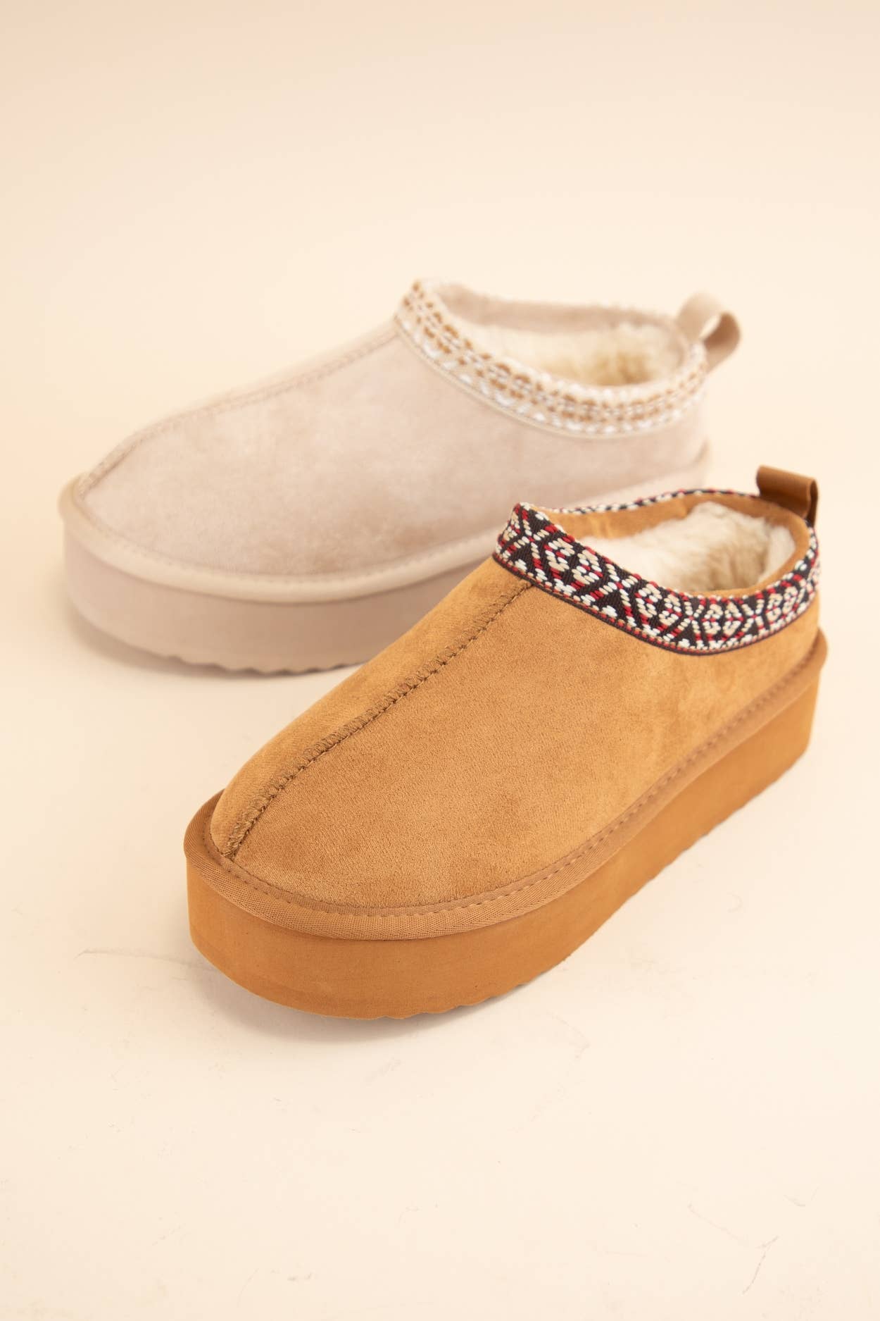Sherpa Fur Lined Slip-Ons: Tan