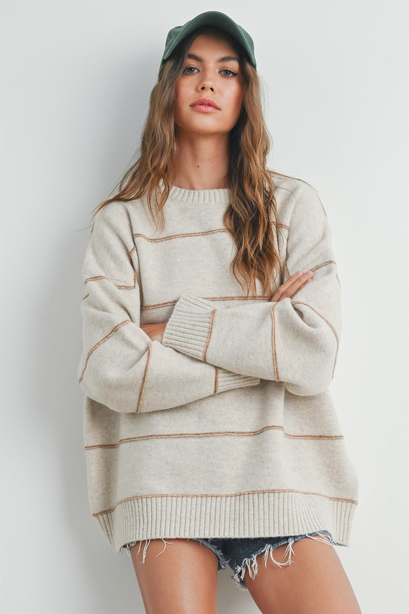 Striped Drop Shoulder Sweater: Taupe