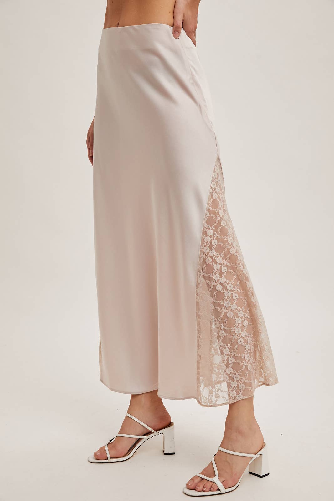Lace Satin Midi Skirt: Pearl