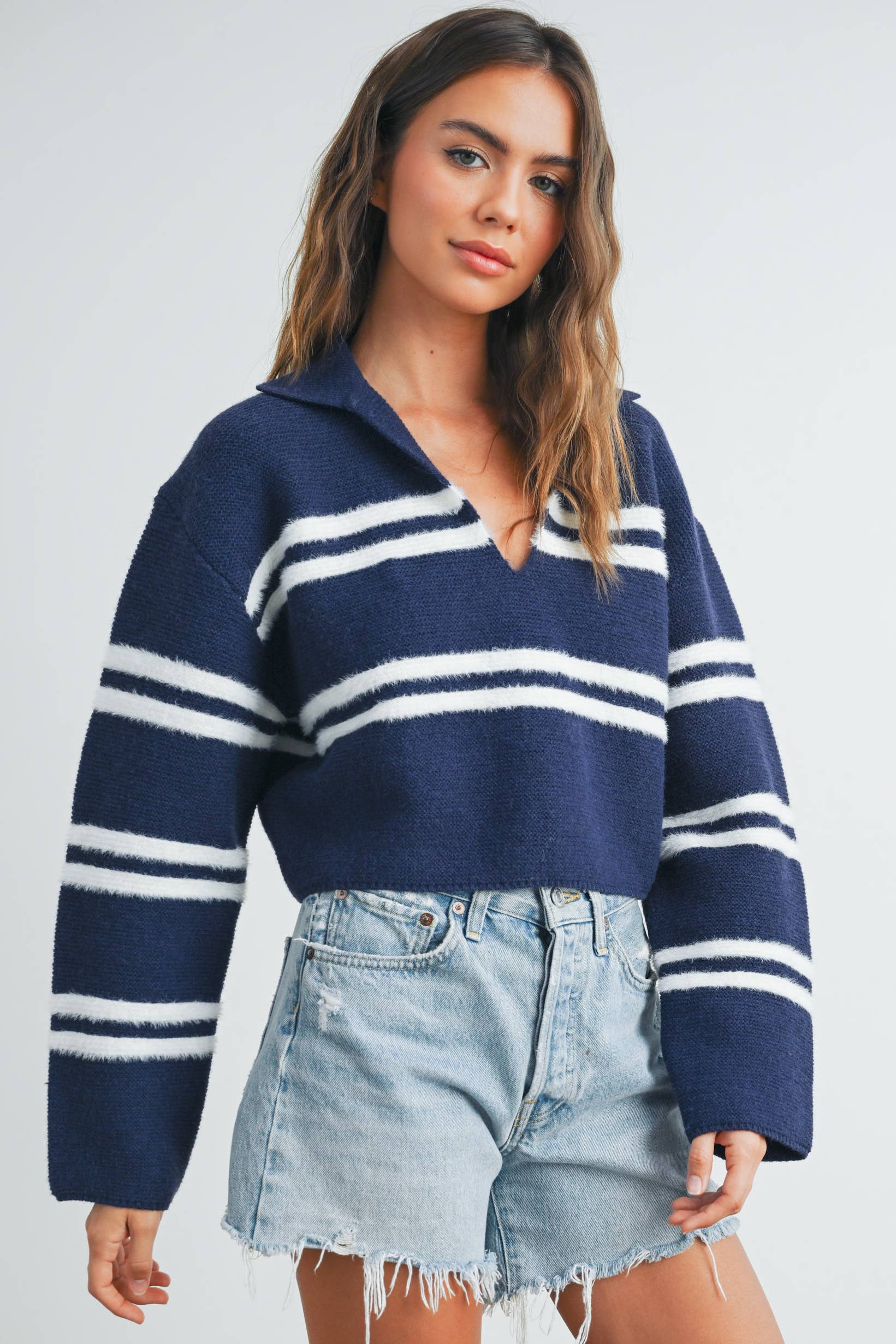 Stripe Crop Collar Sweater-Ivory/Black