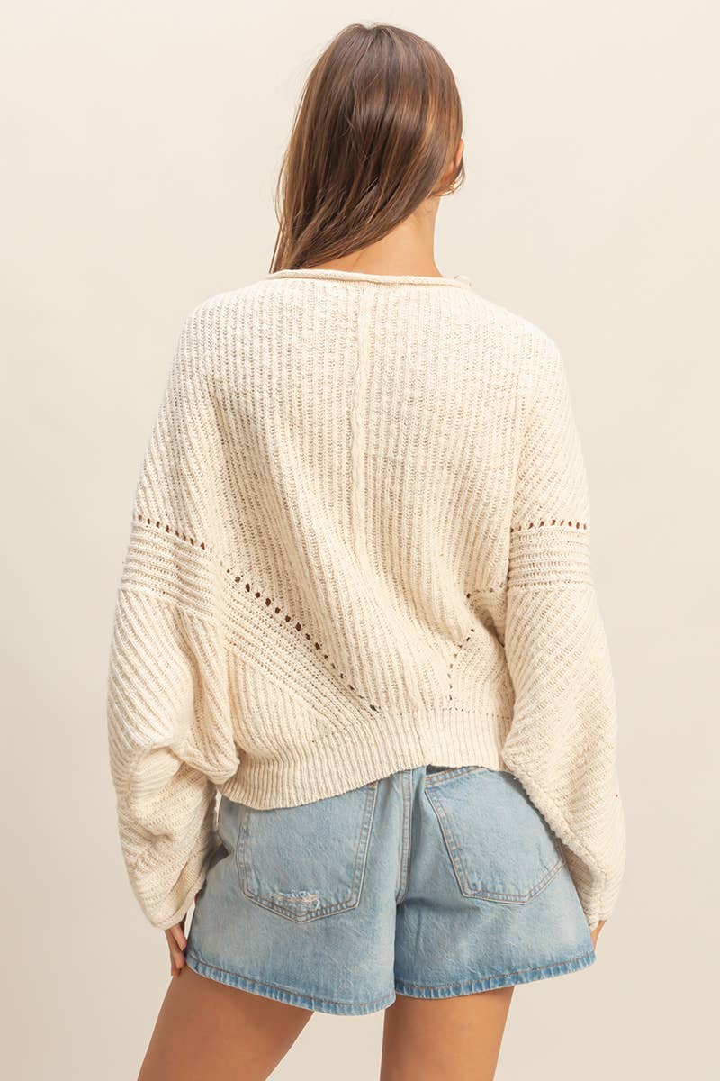 Ribbed Drop Sleeve Sweater:Cream