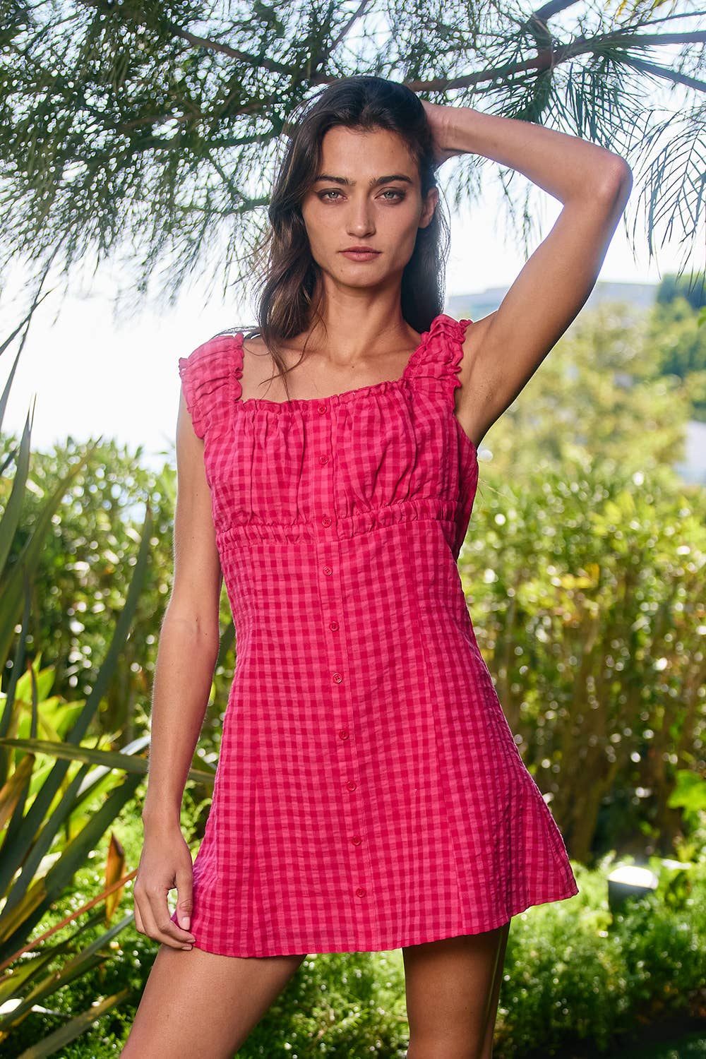 Gingham Frill Mini Dress: Fuchsia