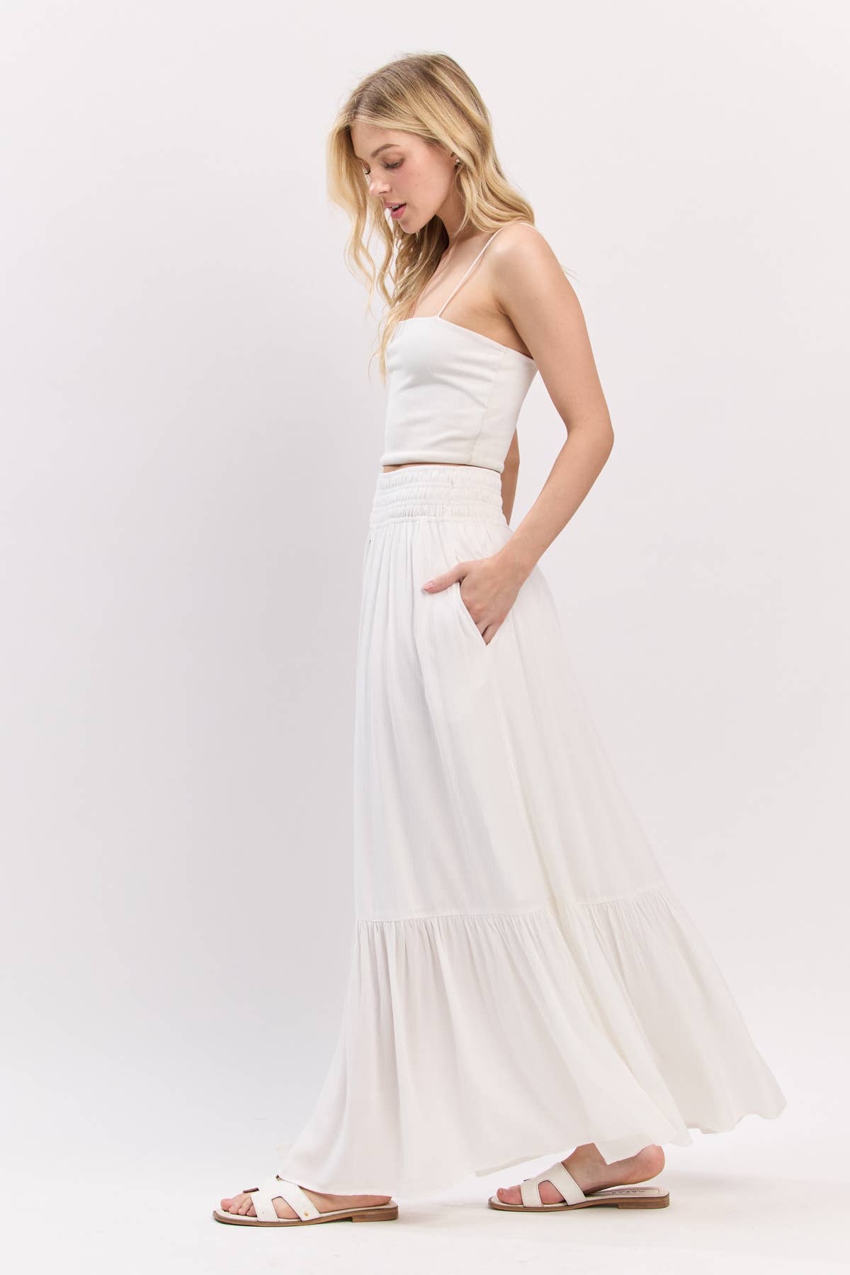 Ruffled Waist Maxi Skirt: Ivory