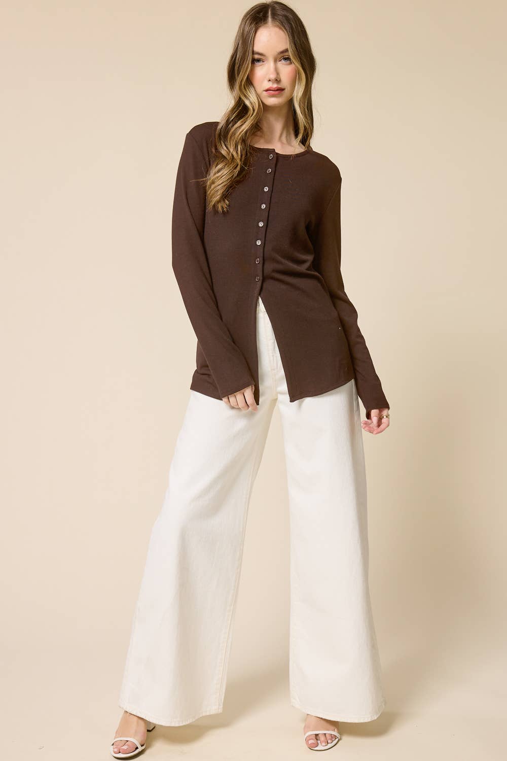 Elongated Hemline Cardigan: Brown