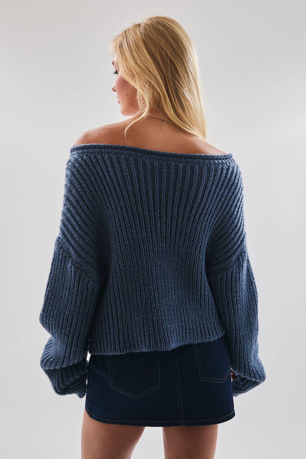 Boat Neck Chunky Sweater: Dusty Blue