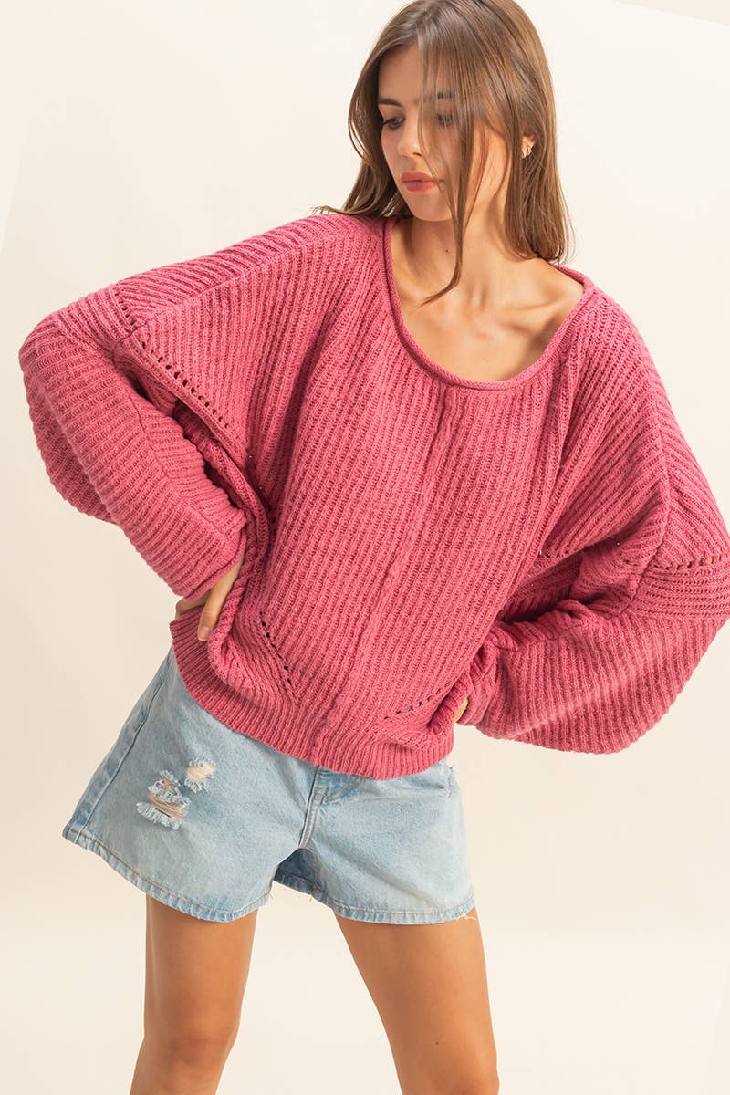 Ribbed Drop Sleeve Sweater:Rose